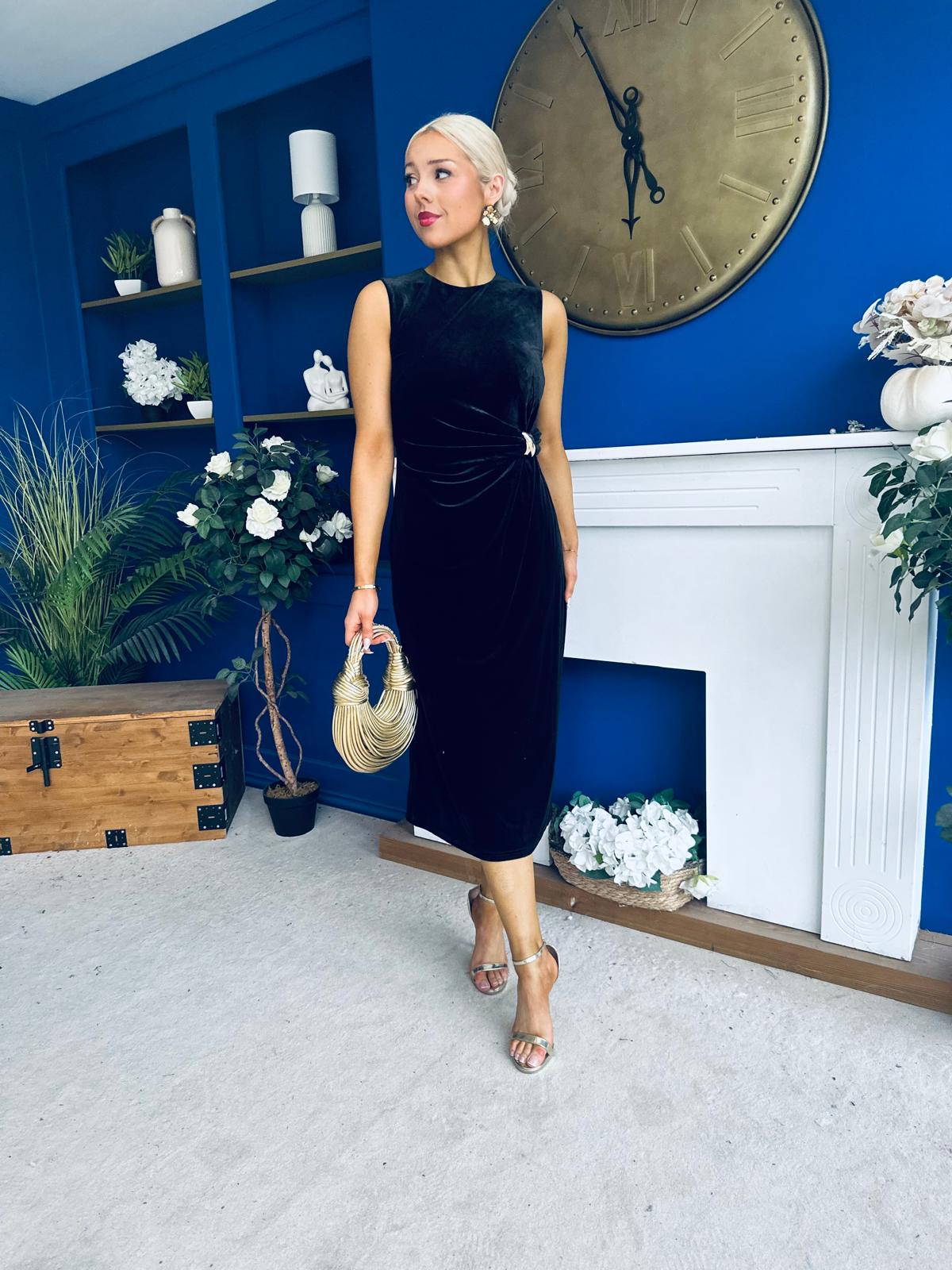 Louisa Velvet Gold Buckle Midi Dress Black