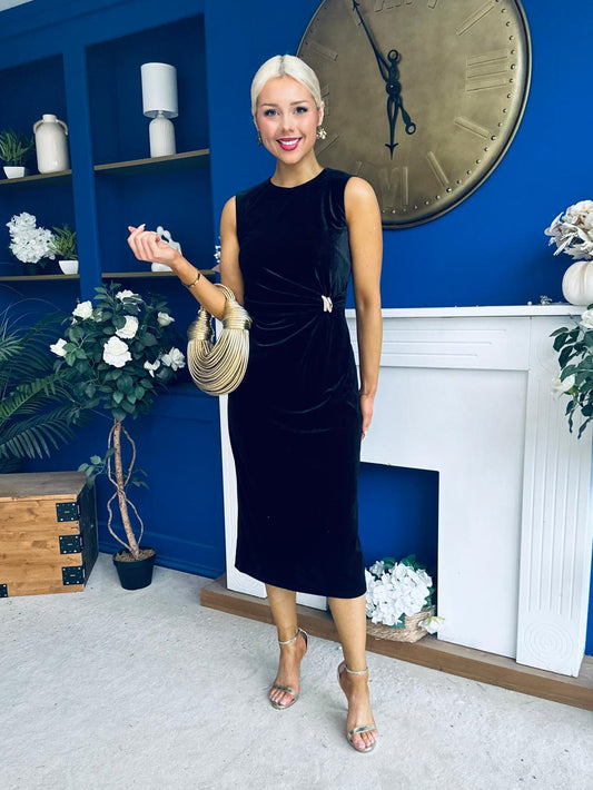 Louisa Velvet Gold Buckle Midi Dress Black