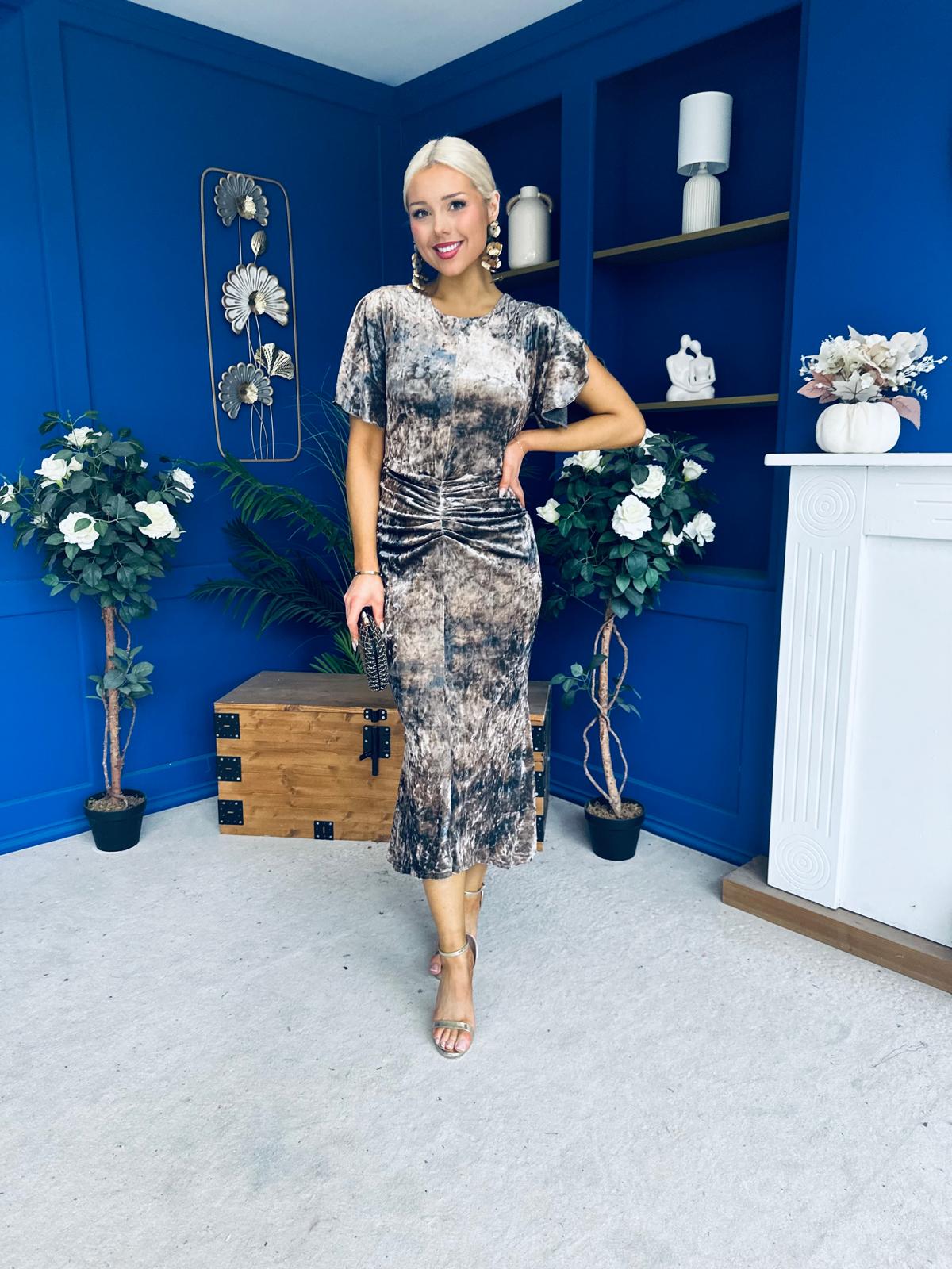 Cleo Ruched Detail Midi Dress In Abstract Gold Print Velvet