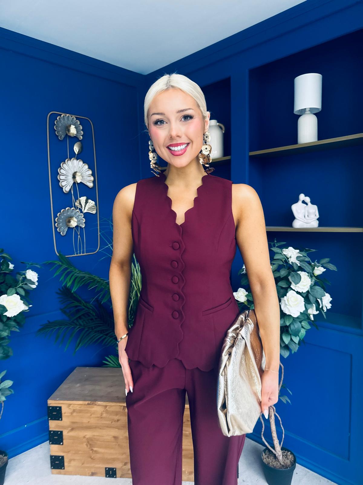 Ophelua Scallop Edged Waistcoat And Jo Pleat Trouser Burgundy