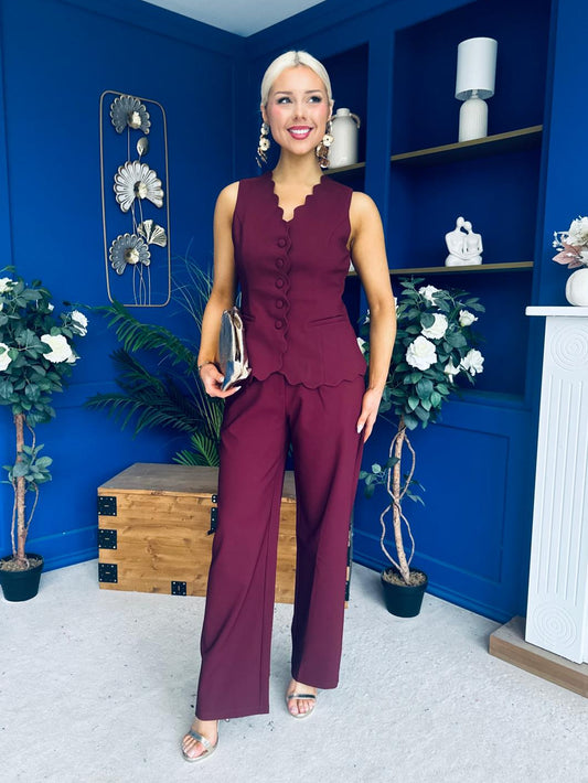 Ophelua Scallop Edged Waistcoat And Jo Pleat Trouser Burgundy