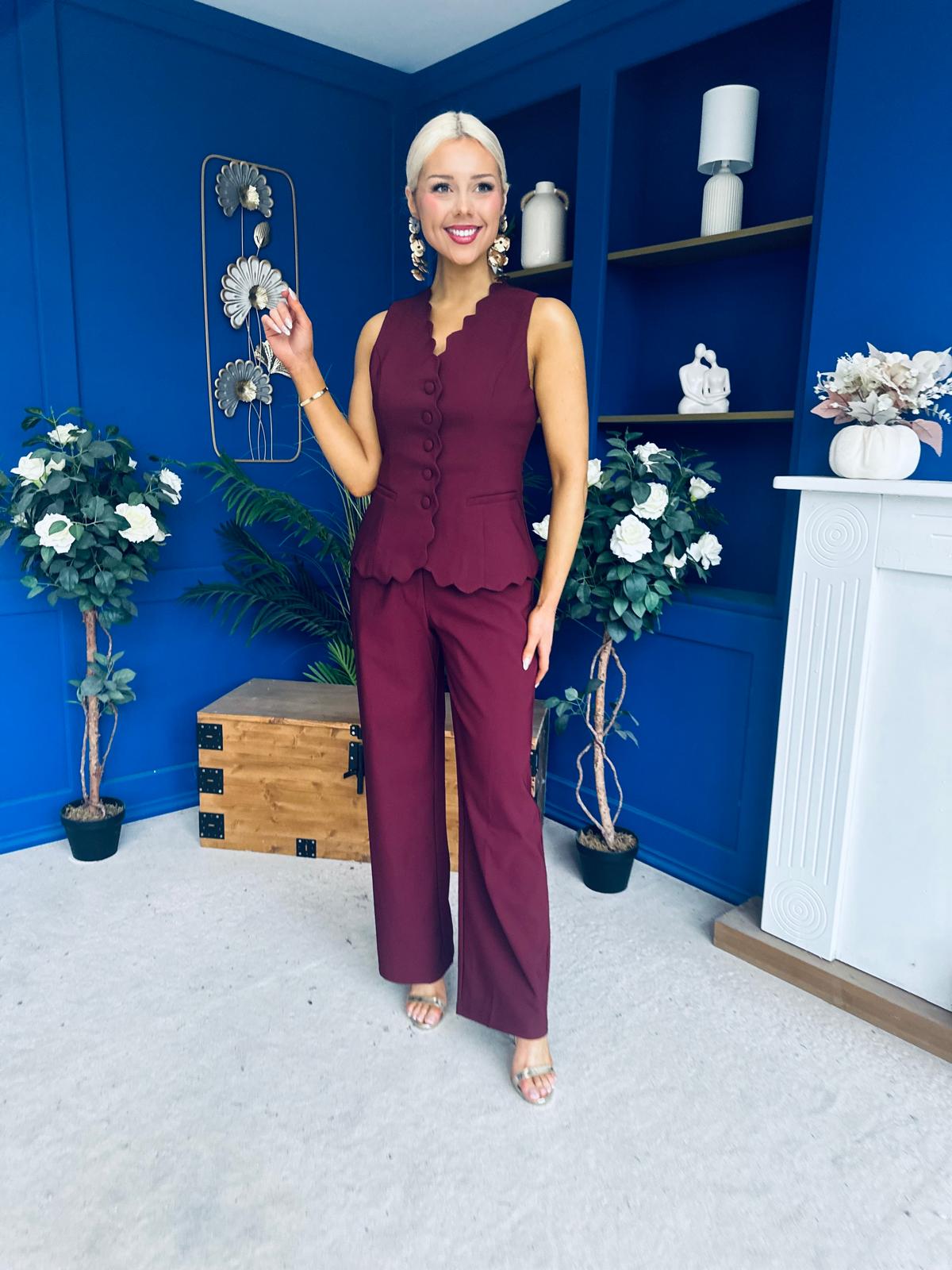 Ophelua Scallop Edged Waistcoat And Jo Pleat Trouser Burgundy