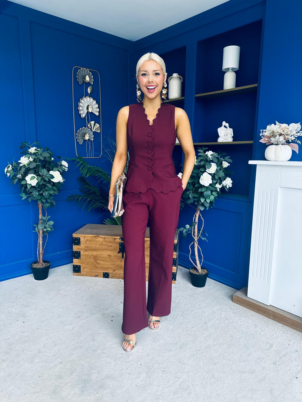 Ophelua Scallop Edged Waistcoat And Jo Pleat Trouser Burgundy