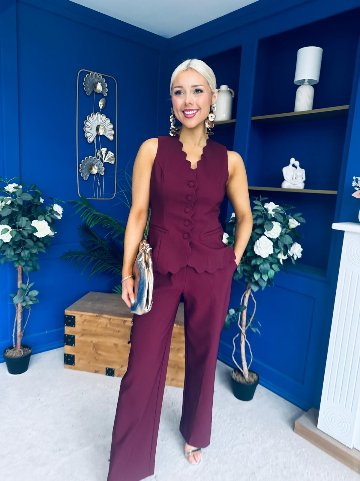 Ophelua Scallop Edged Waistcoat And Jo Pleat Trouser Burgundy