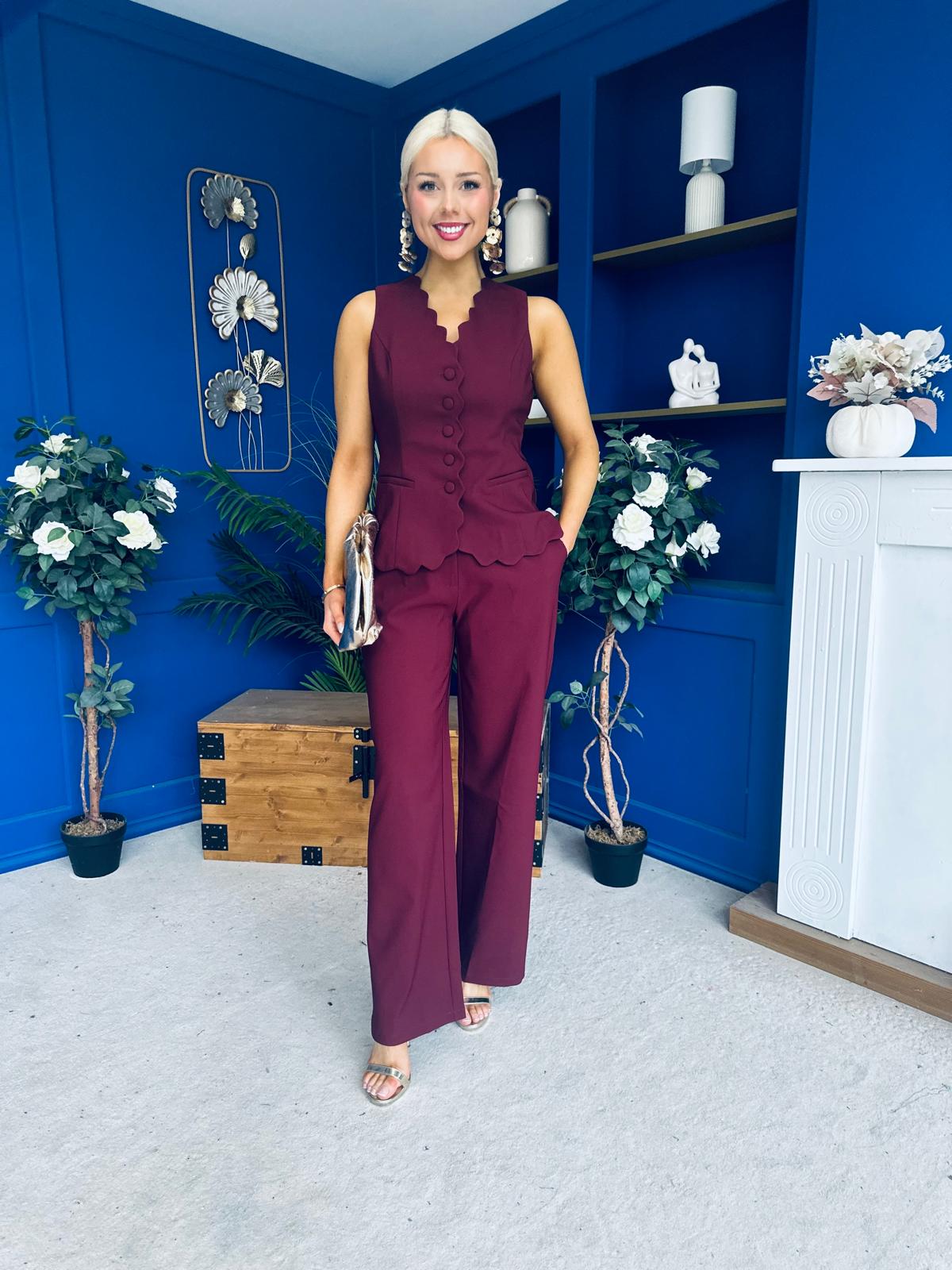 Ophelua Scallop Edged Waistcoat And Jo Pleat Trouser Burgundy