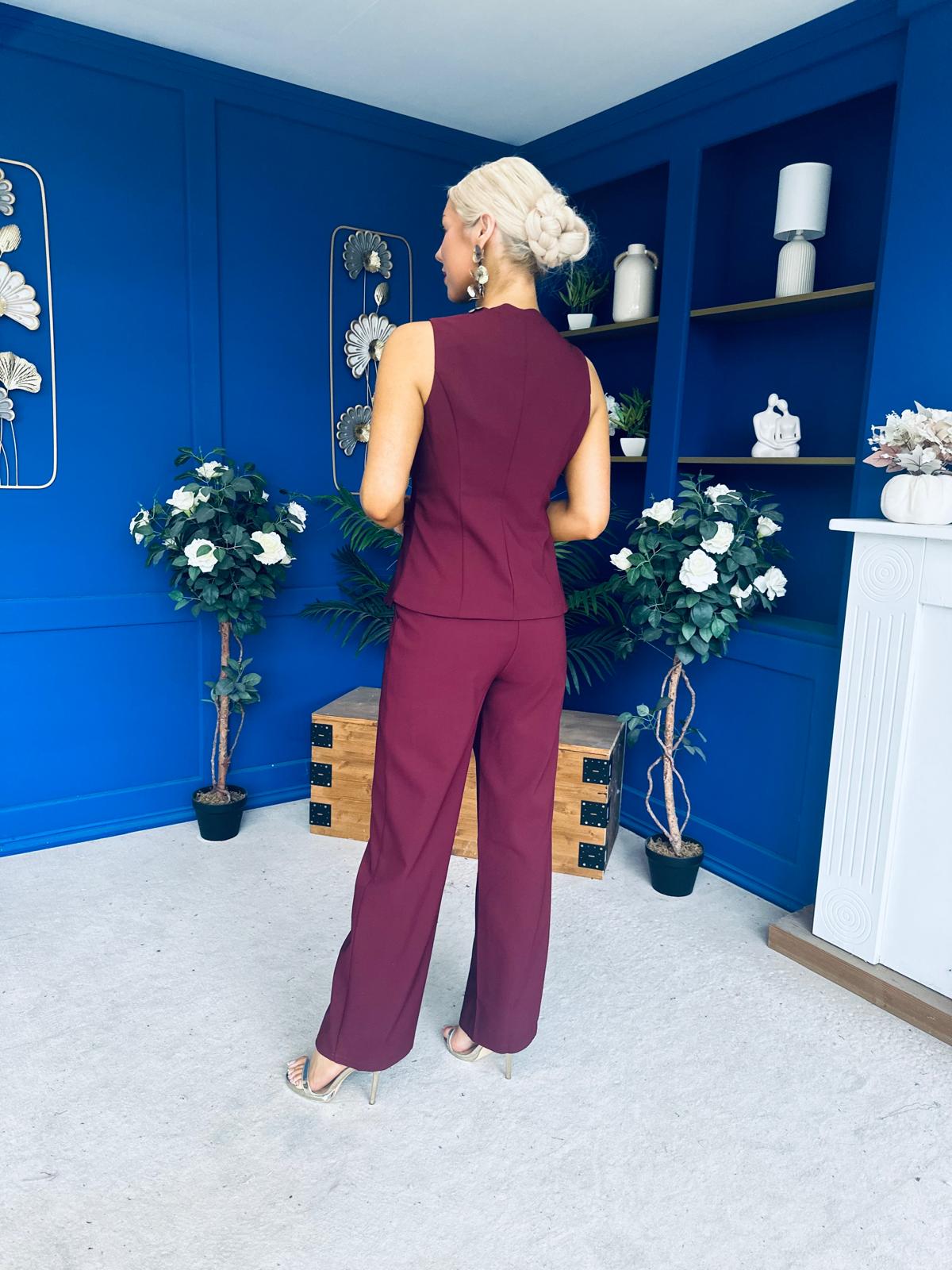 Ophelua Scallop Edged Waistcoat And Jo Pleat Trouser Burgundy