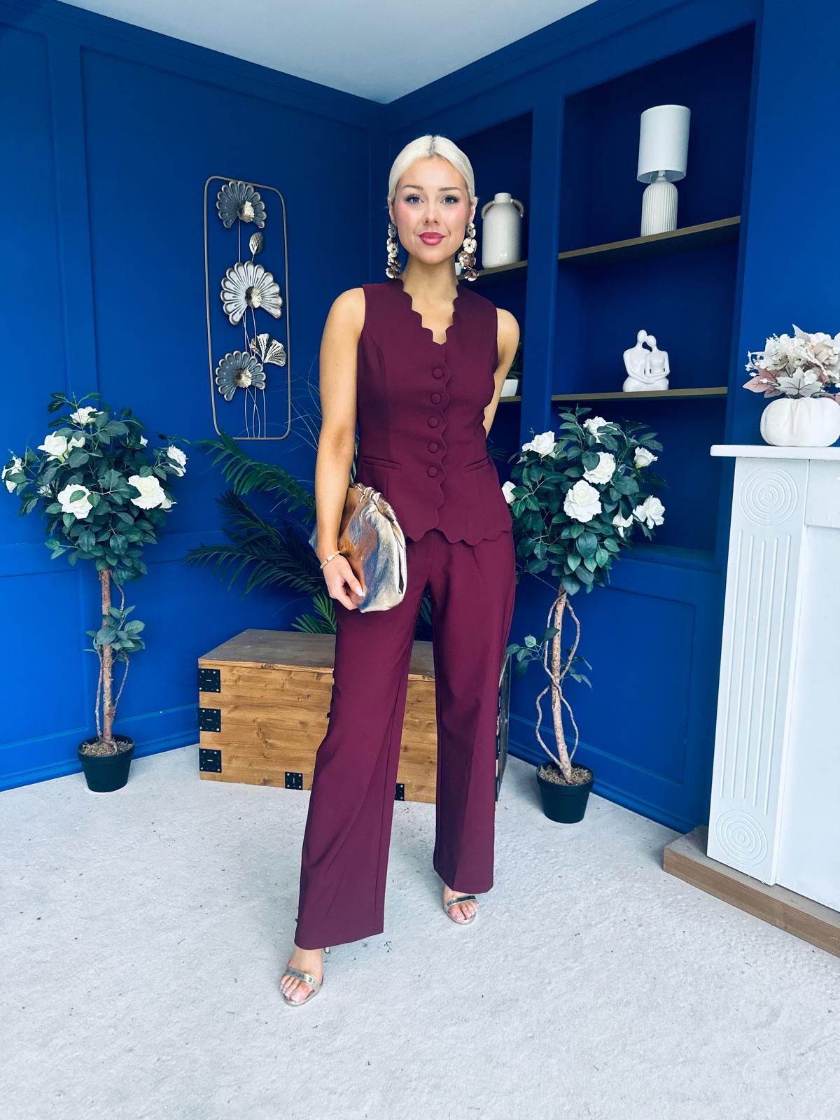 Ophelua Scallop Edged Waistcoat And Jo Pleat Trouser Burgundy