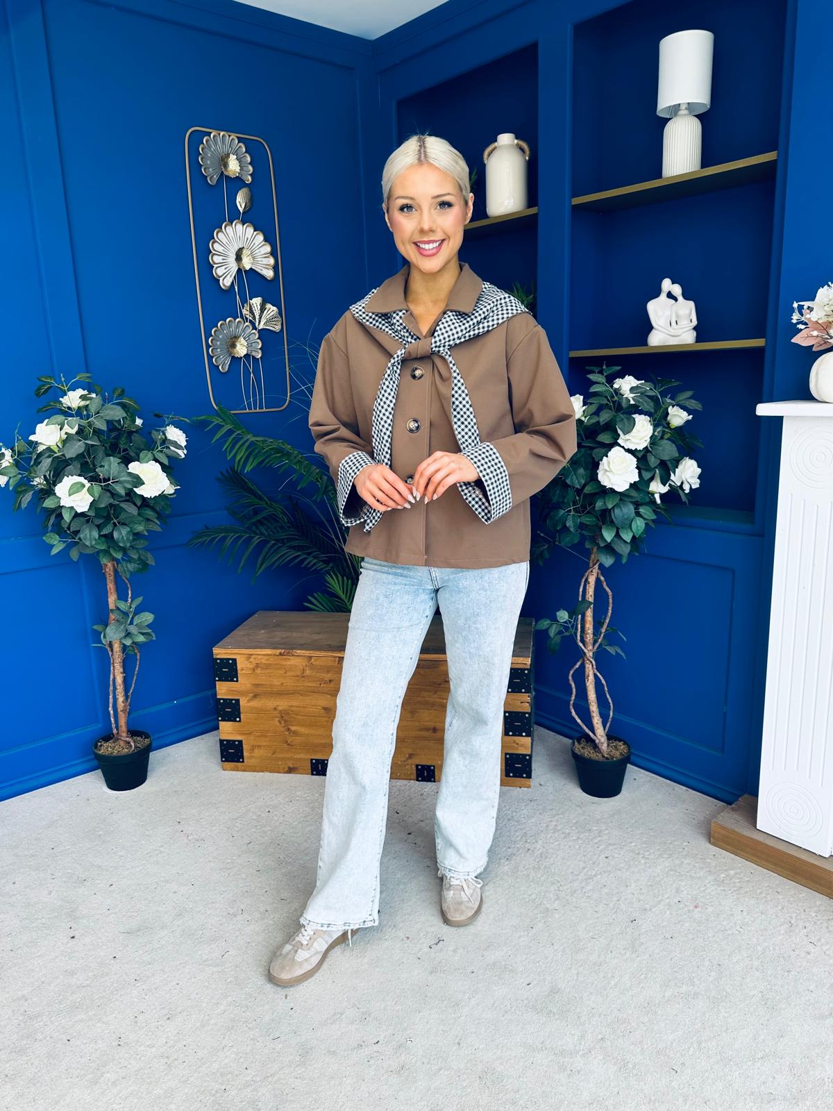 Maria Detailed Check Scarf Jacket Camel