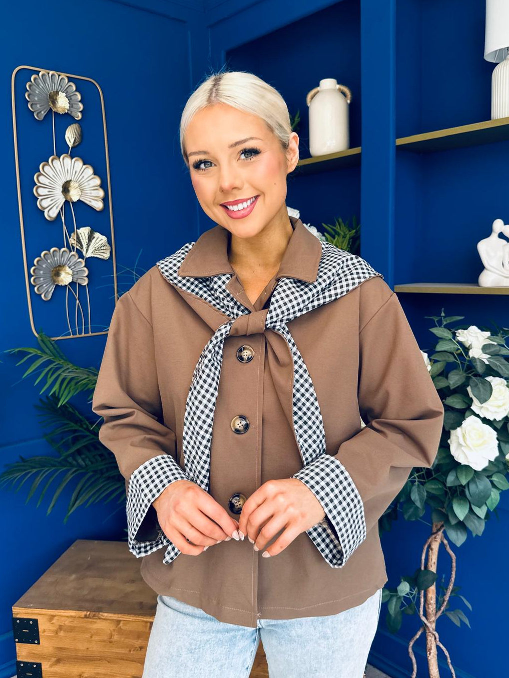 Maria Detailed Check Scarf Jacket Camel