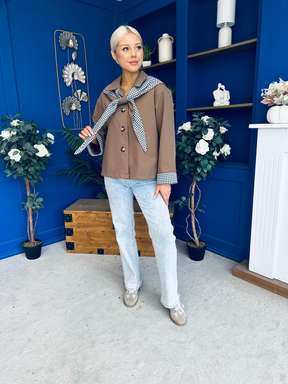 Maria Detailed Check Scarf Jacket Camel