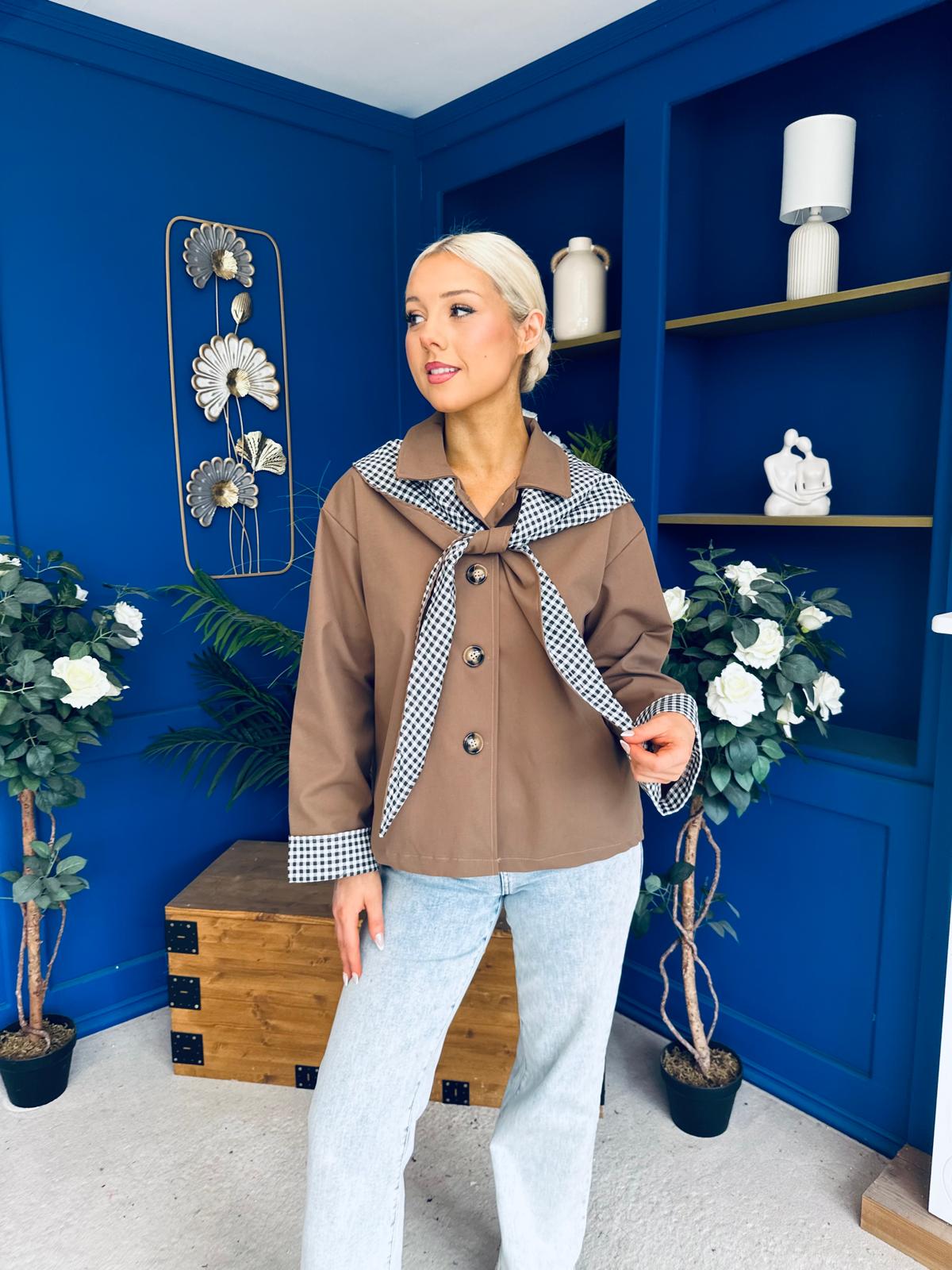 Maria Detailed Check Scarf Jacket Camel