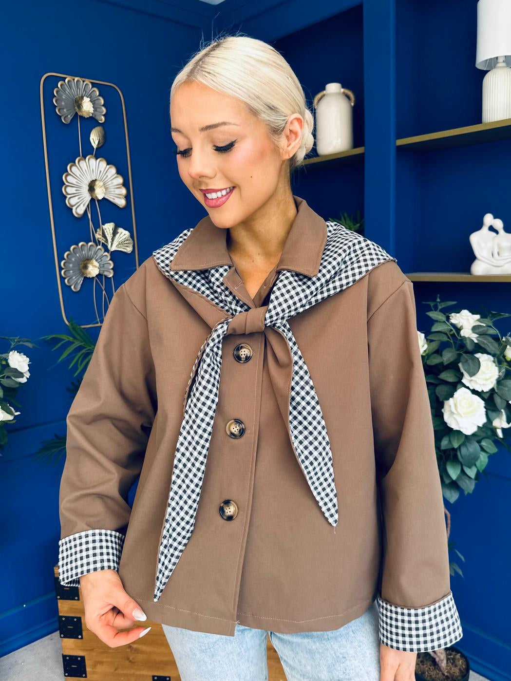 Maria Detailed Check Scarf Jacket Camel