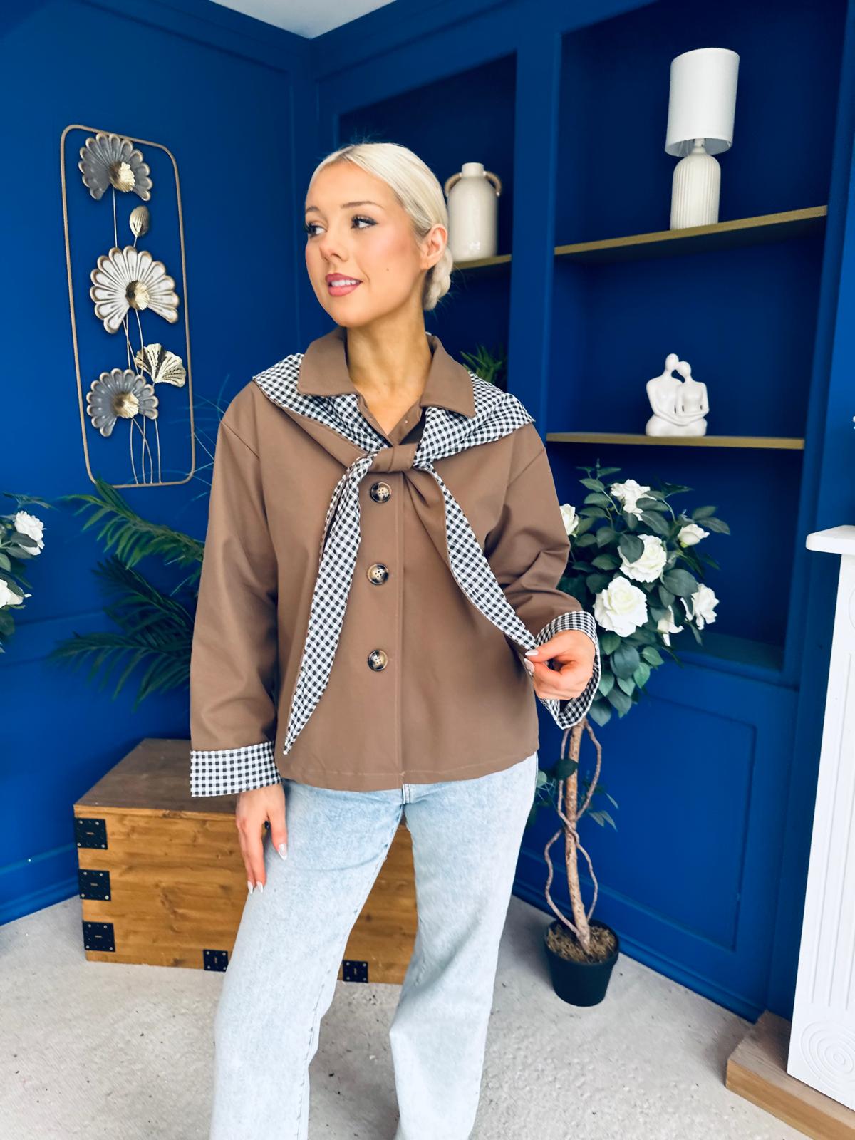 Maria Detailed Check Scarf Jacket Camel