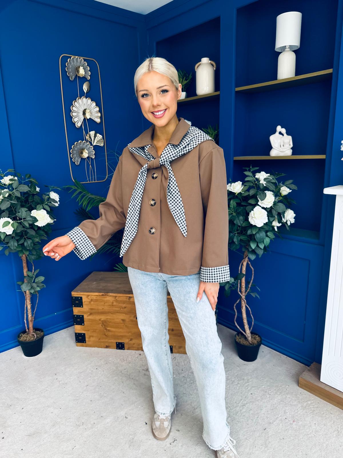 Maria Detailed Check Scarf Jacket Camel