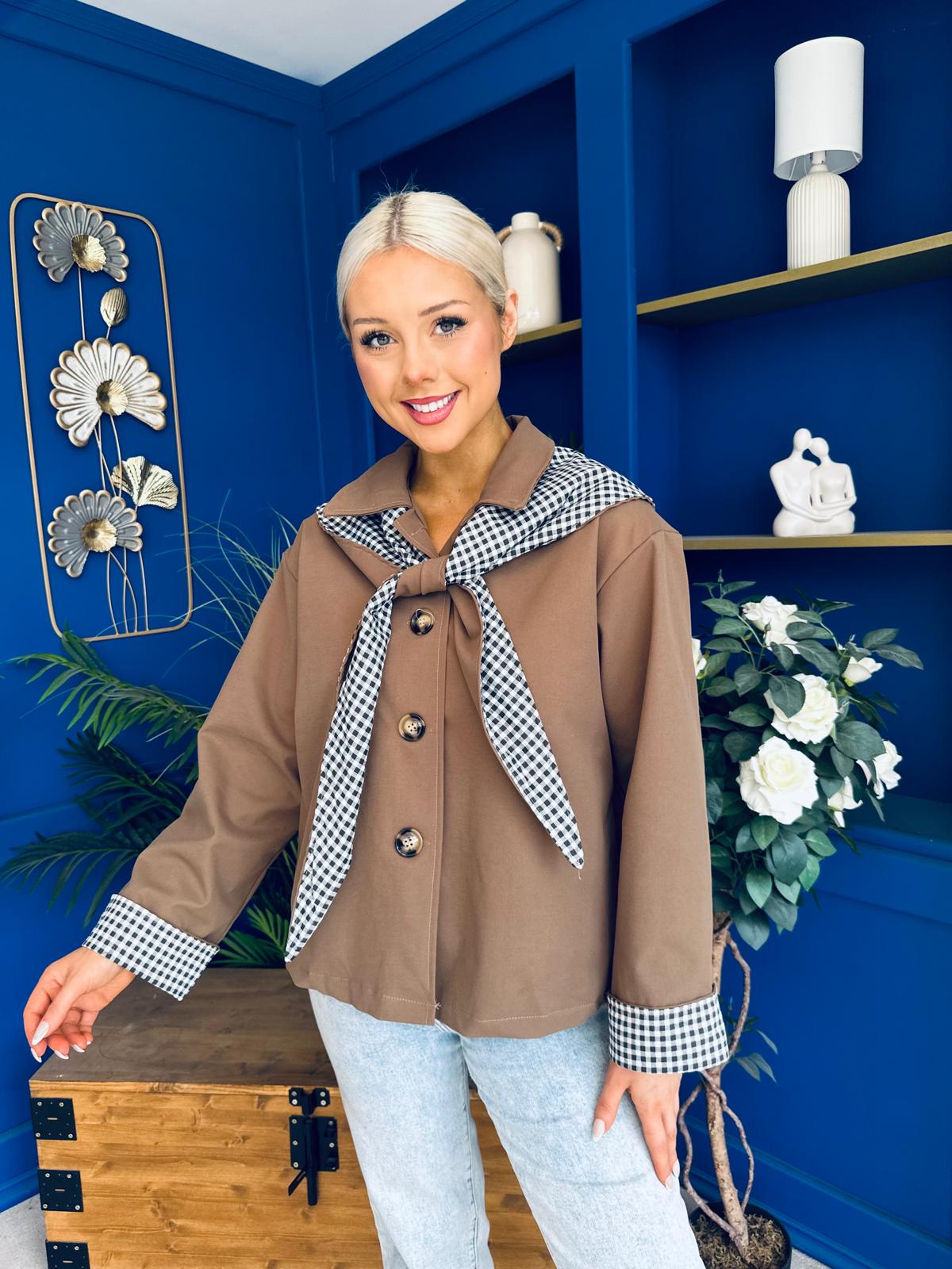 Maria Detailed Check Scarf Jacket Camel