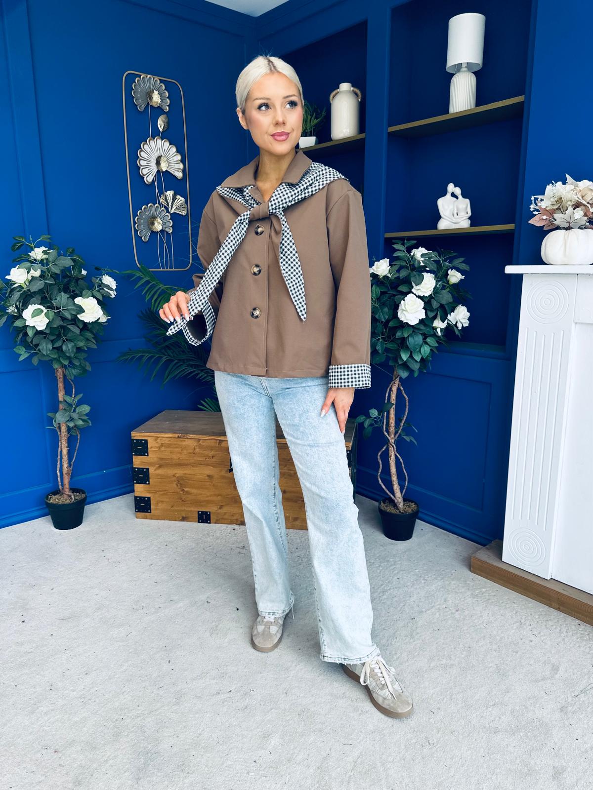 Maria Detailed Check Scarf Jacket Camel
