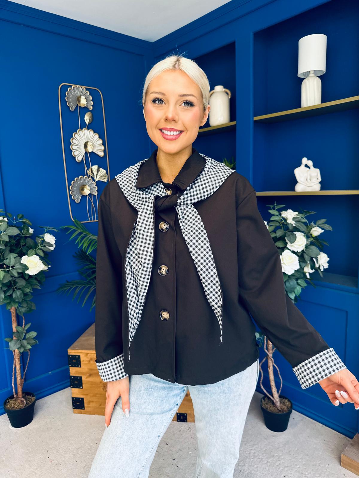 Maria Detailed Check Scarf Jacket Chocolate