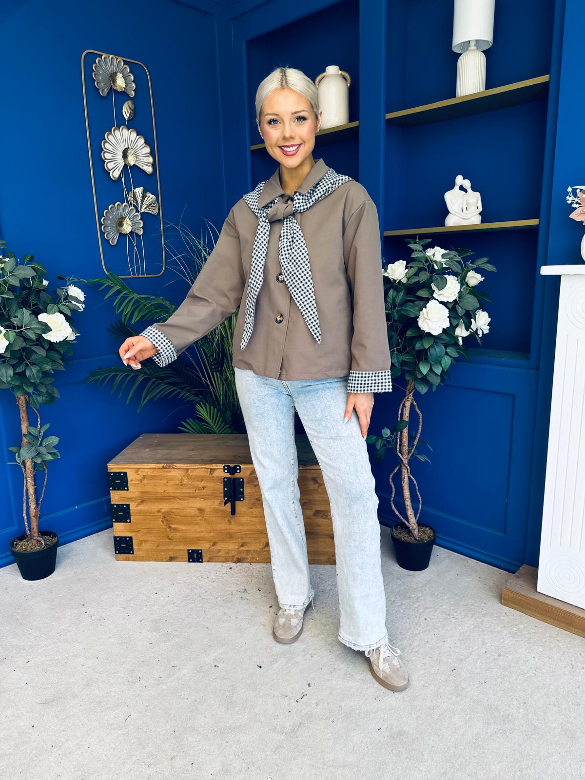Maria Detailed Check Scarf Jacket Taupe