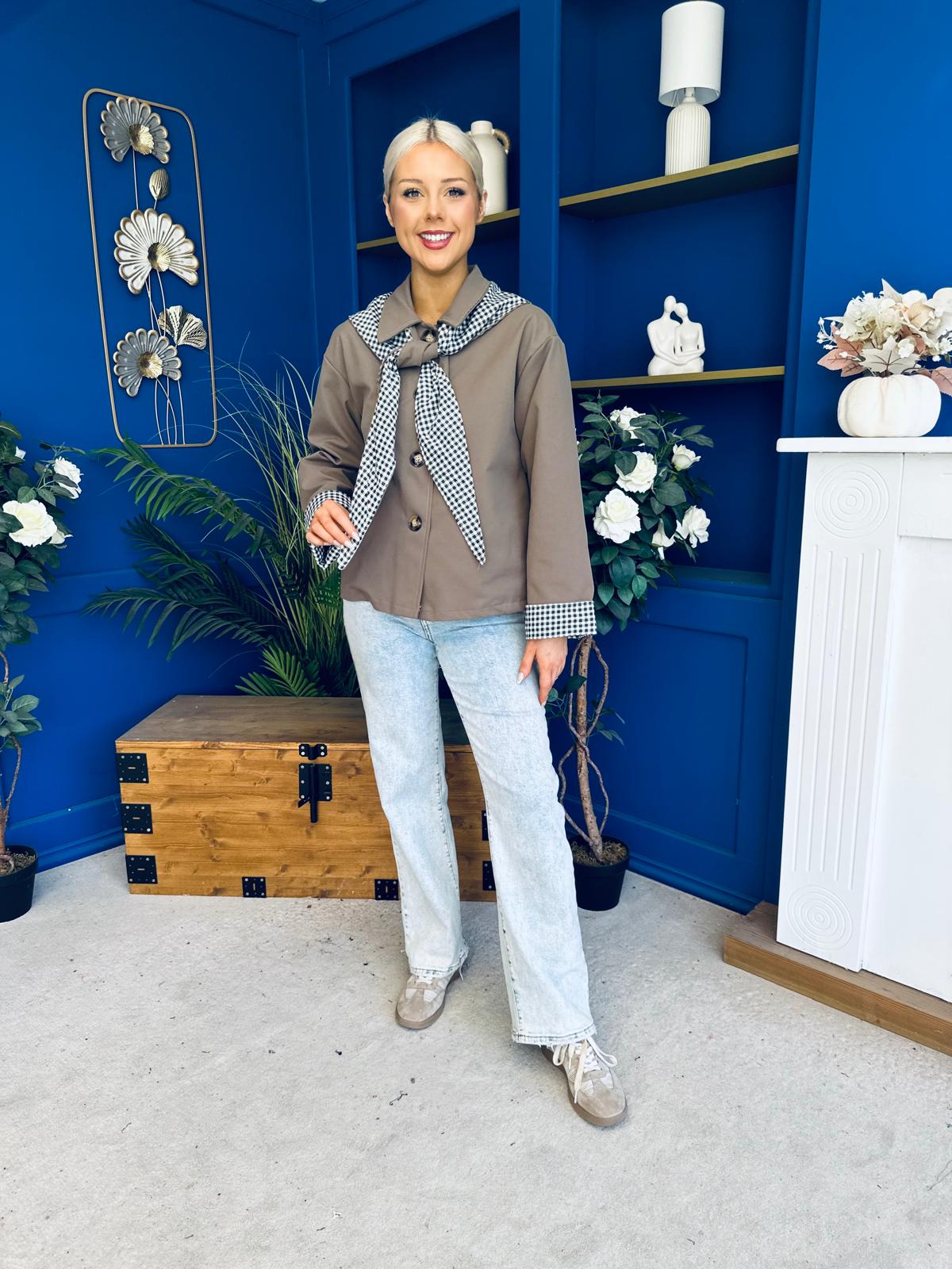 Maria Detailed Check Scarf Jacket Taupe