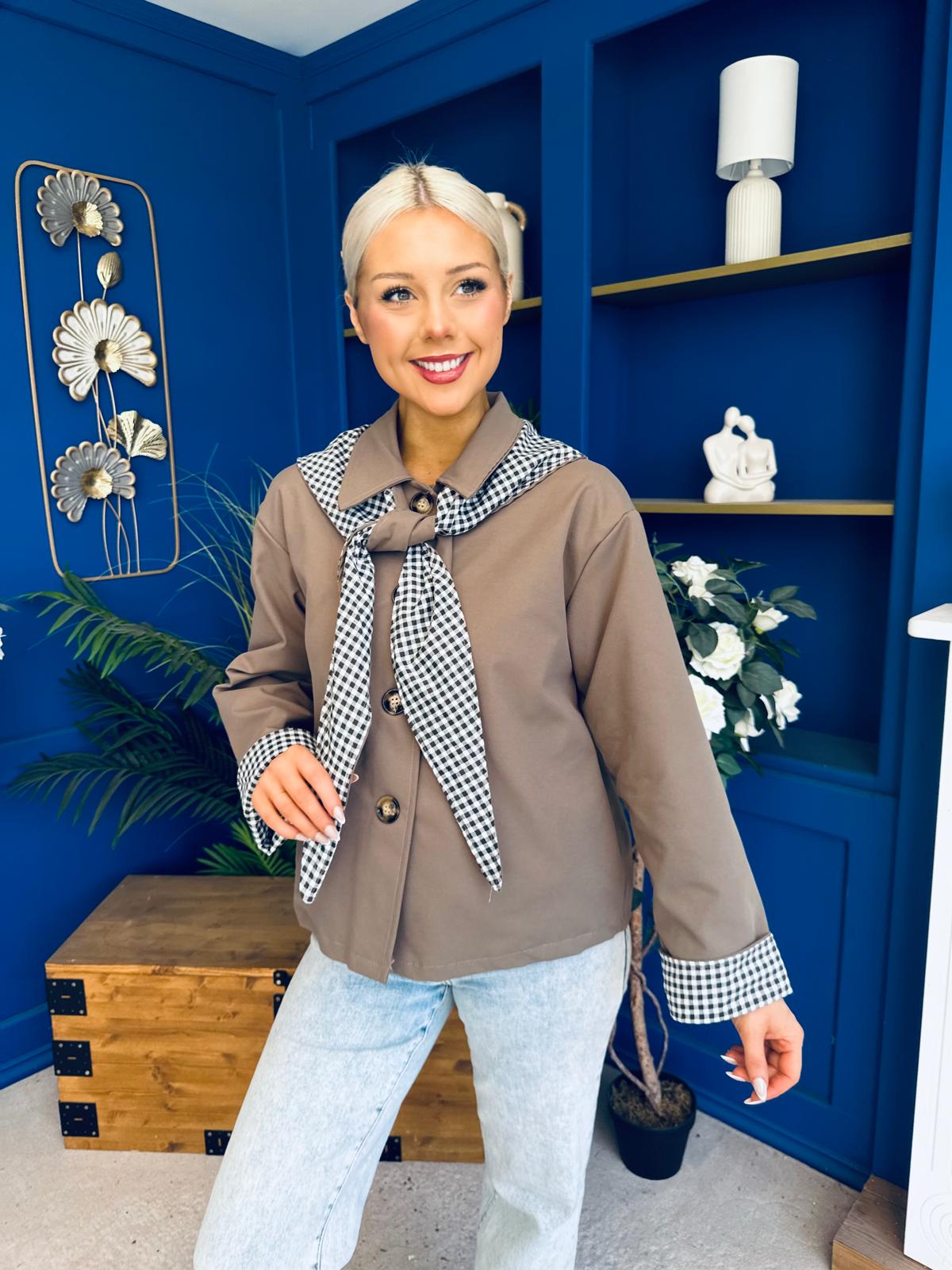 Maria Detailed Check Scarf Jacket Taupe