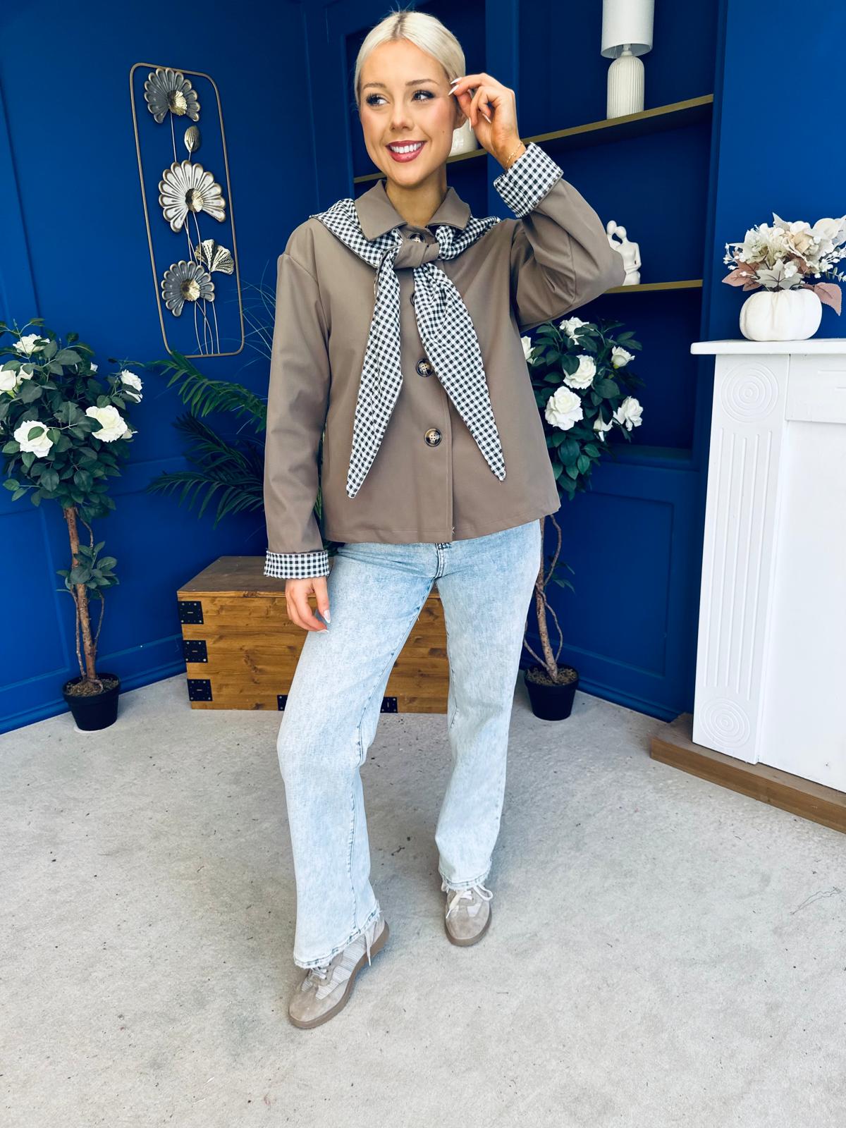 Maria Detailed Check Scarf Jacket Taupe