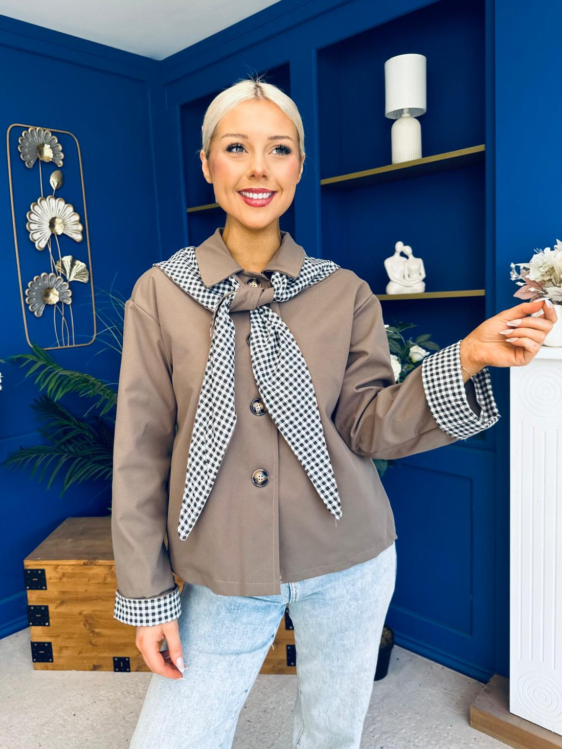 Maria Detailed Check Scarf Jacket Taupe