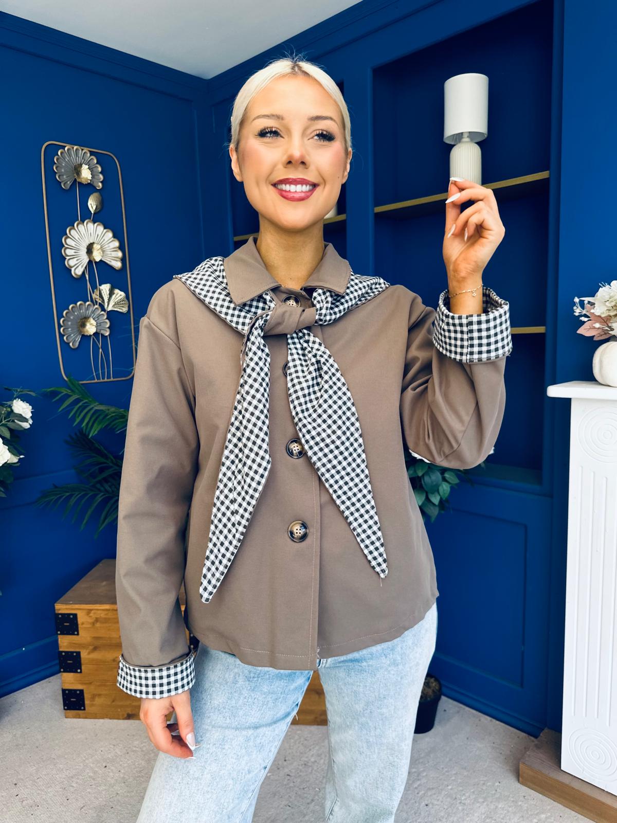 Maria Detailed Check Scarf Jacket Taupe