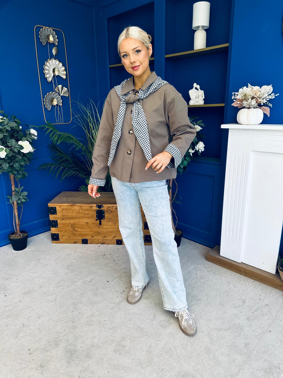 Maria Detailed Check Scarf Jacket Taupe