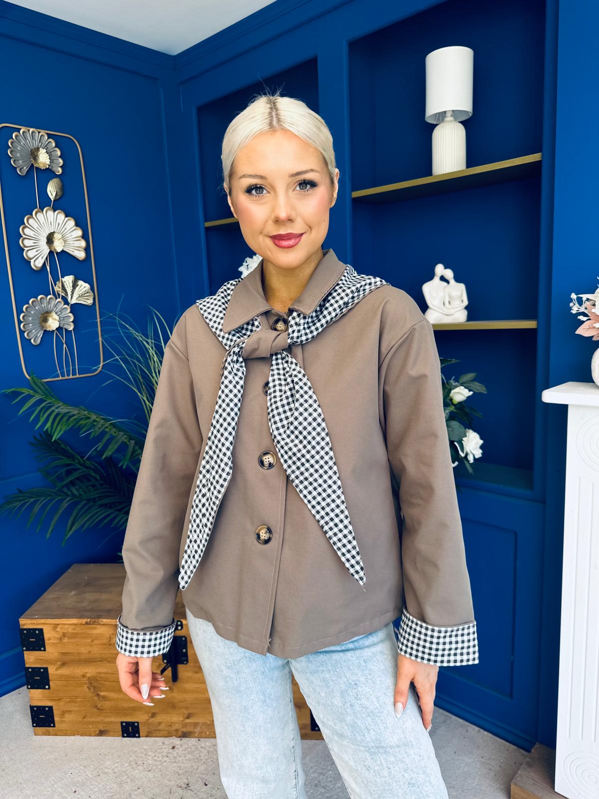 Maria Detailed Check Scarf Jacket Taupe
