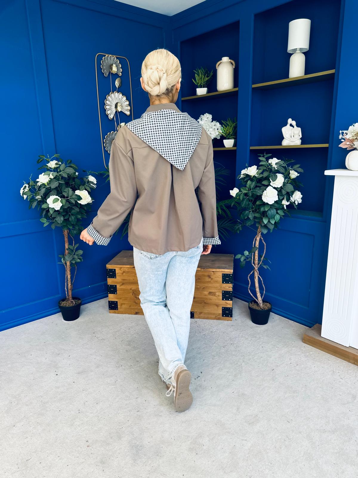 Maria Detailed Check Scarf Jacket Taupe