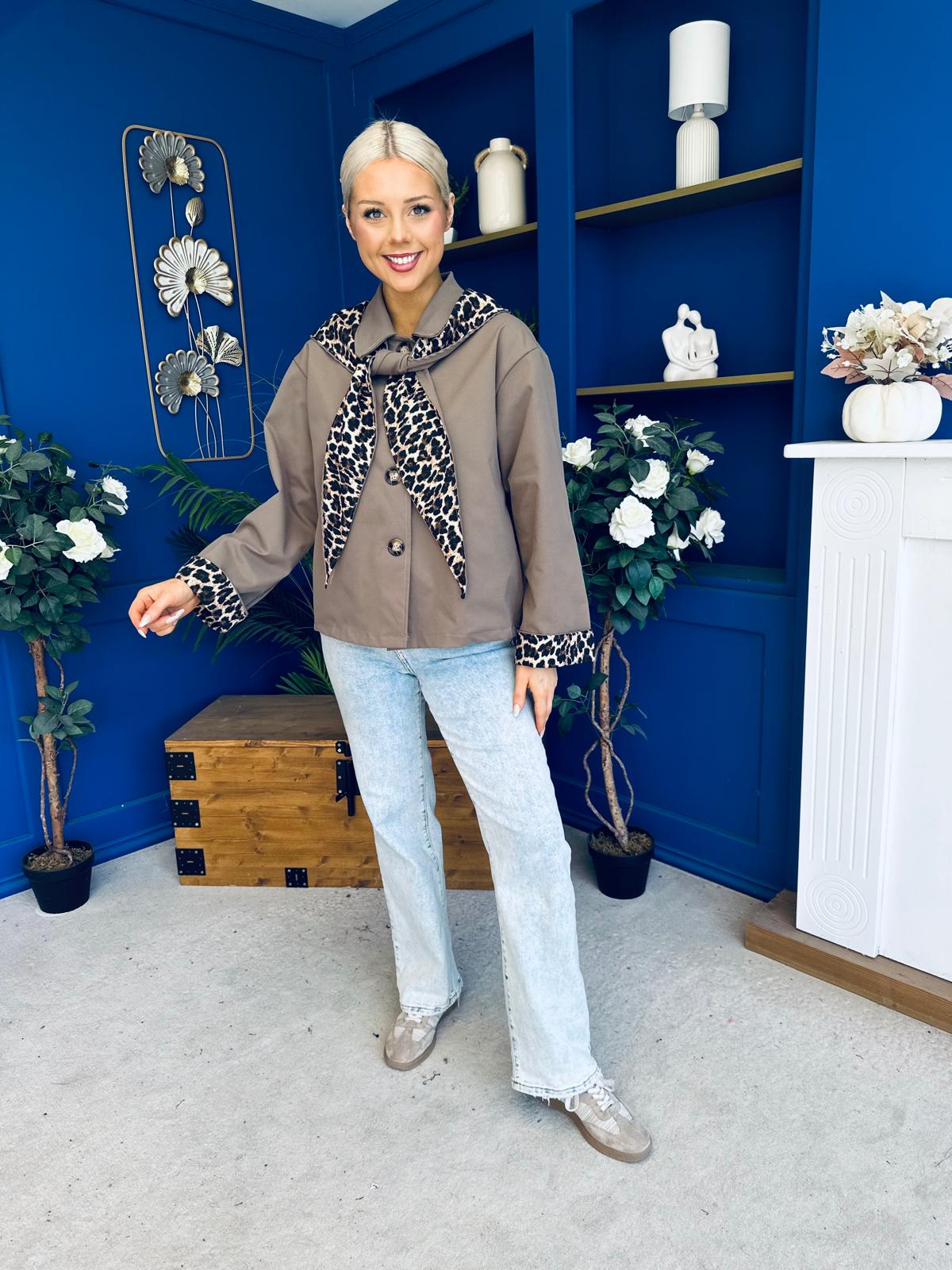 Steph Detailed Leopard Scarf Jacket Taupe