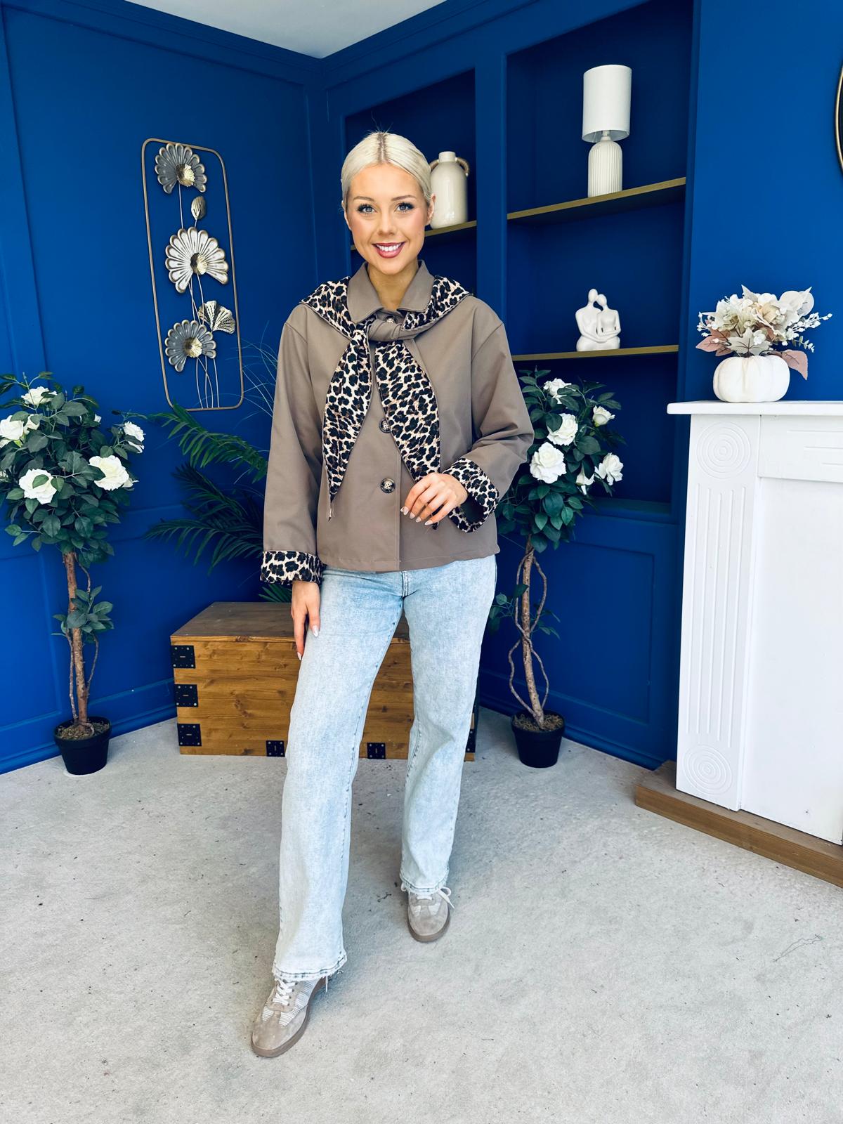 Steph Detailed Leopard Scarf Jacket Taupe