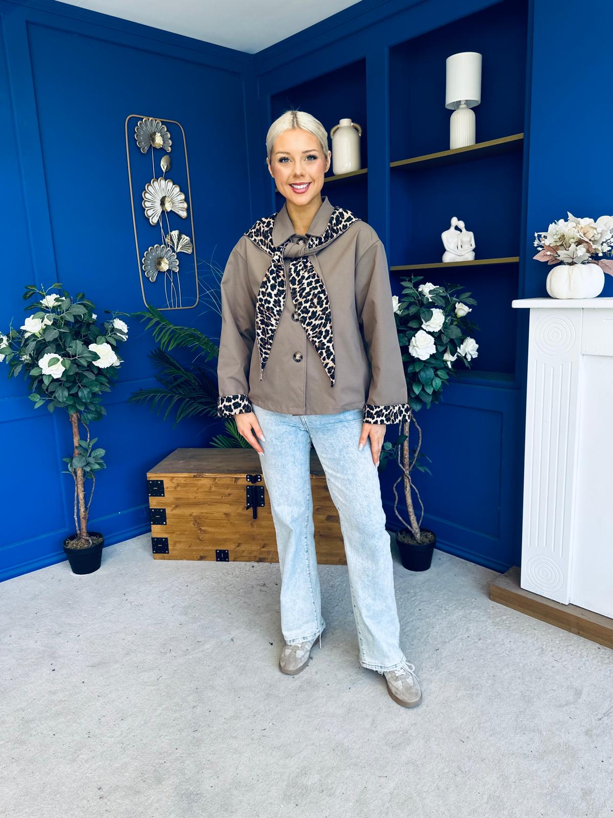 Steph Detailed Leopard Scarf Jacket Taupe