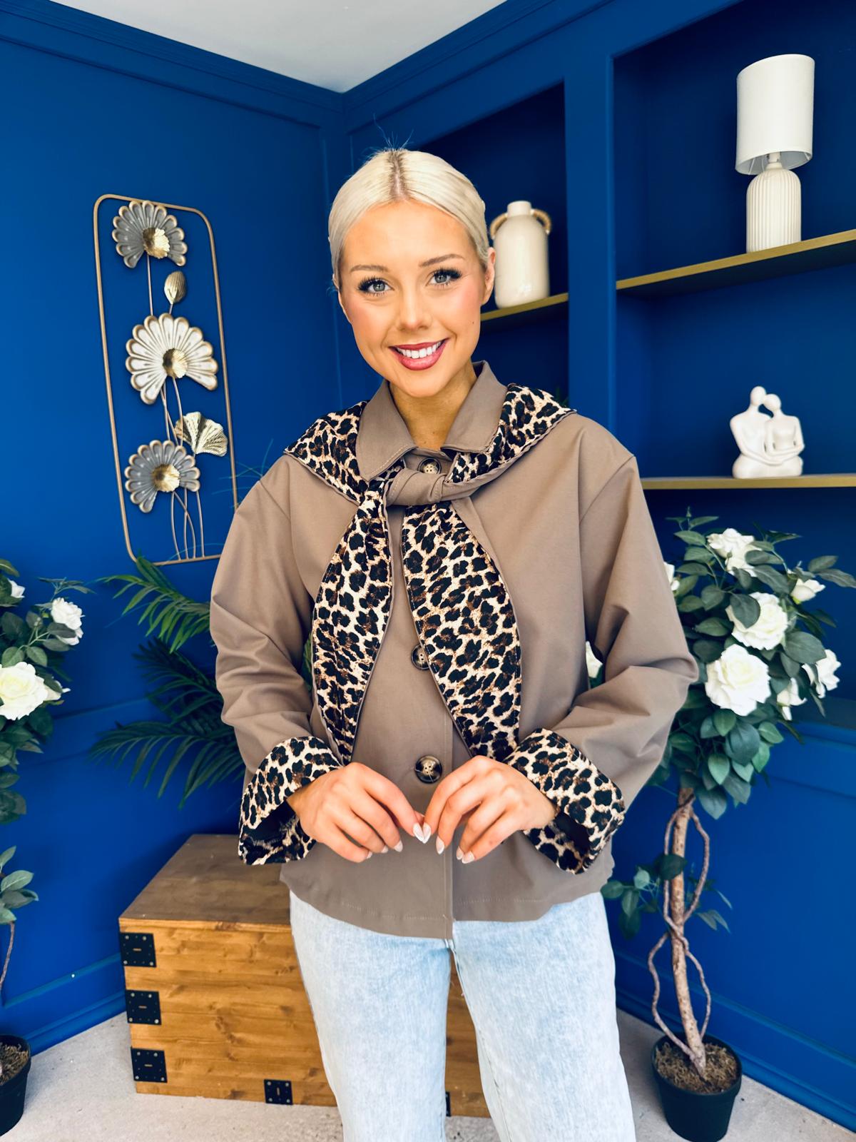 Steph Detailed Leopard Scarf Jacket Taupe
