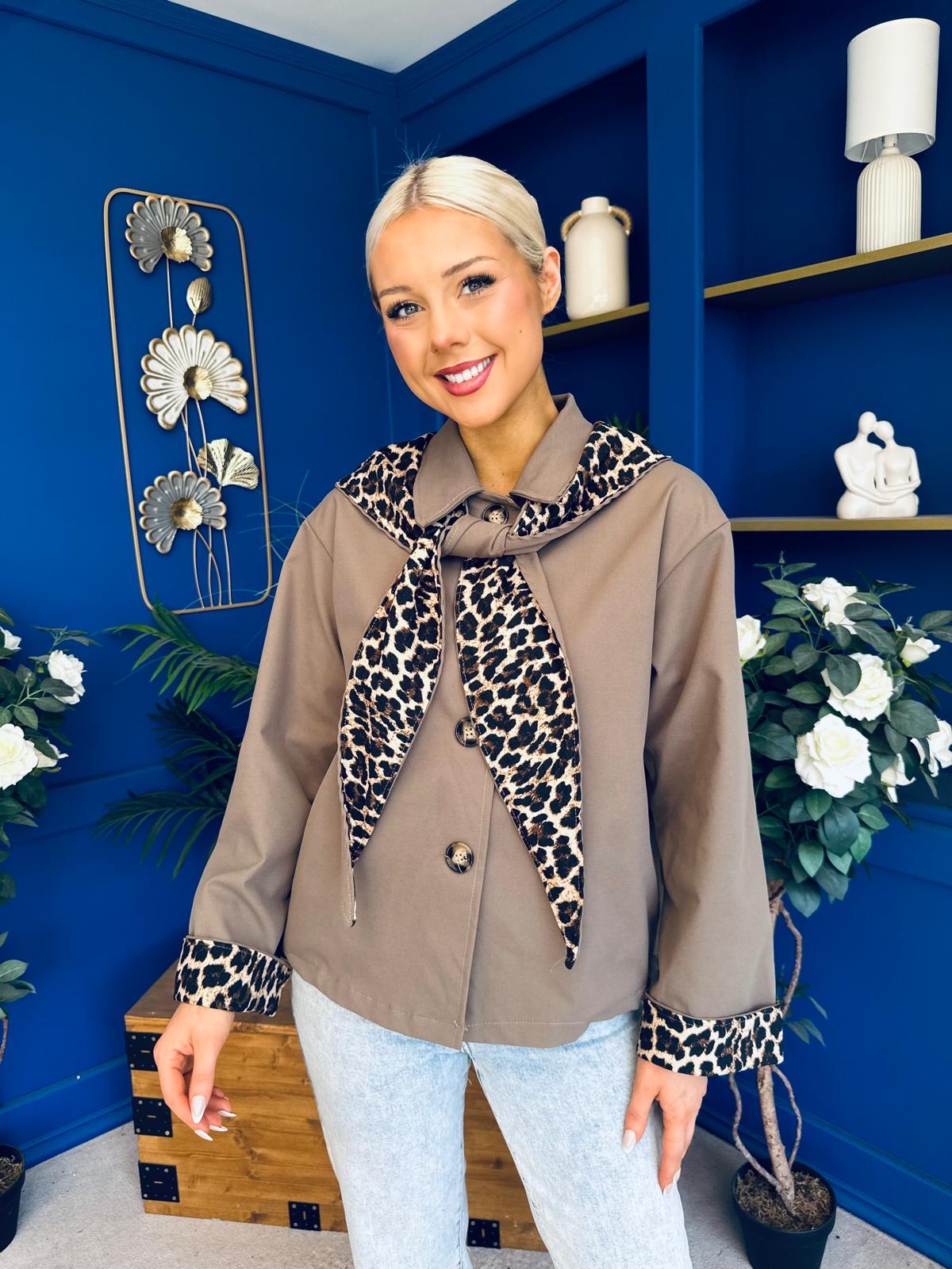 Steph Detailed Leopard Scarf Jacket Taupe