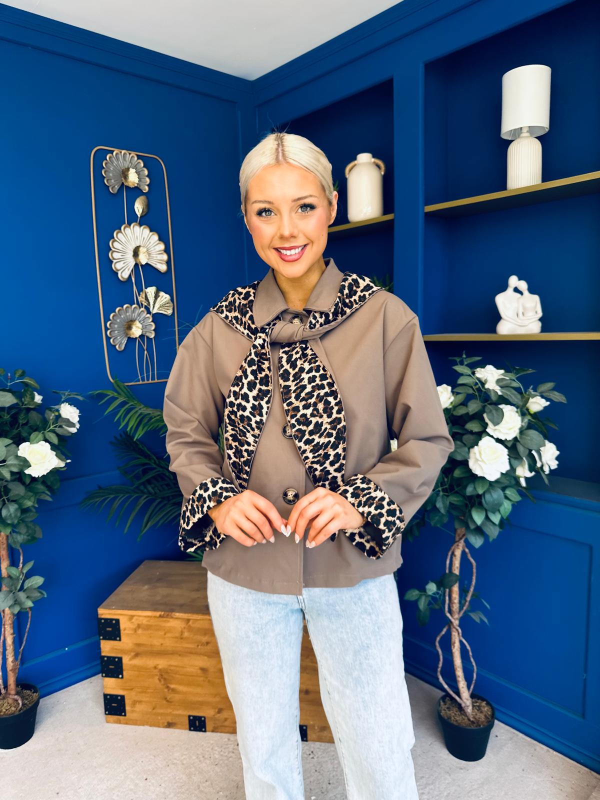 Steph Detailed Leopard Scarf Jacket Taupe