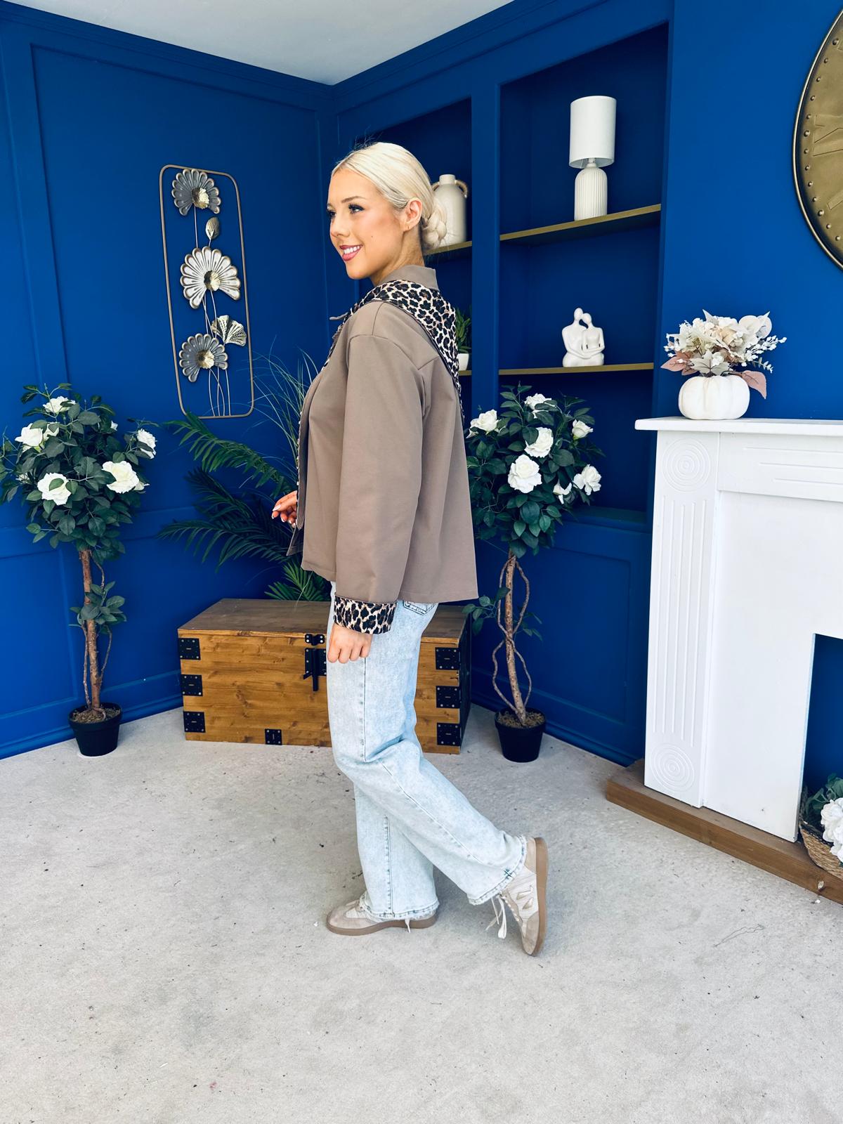 Steph Detailed Leopard Scarf Jacket Taupe