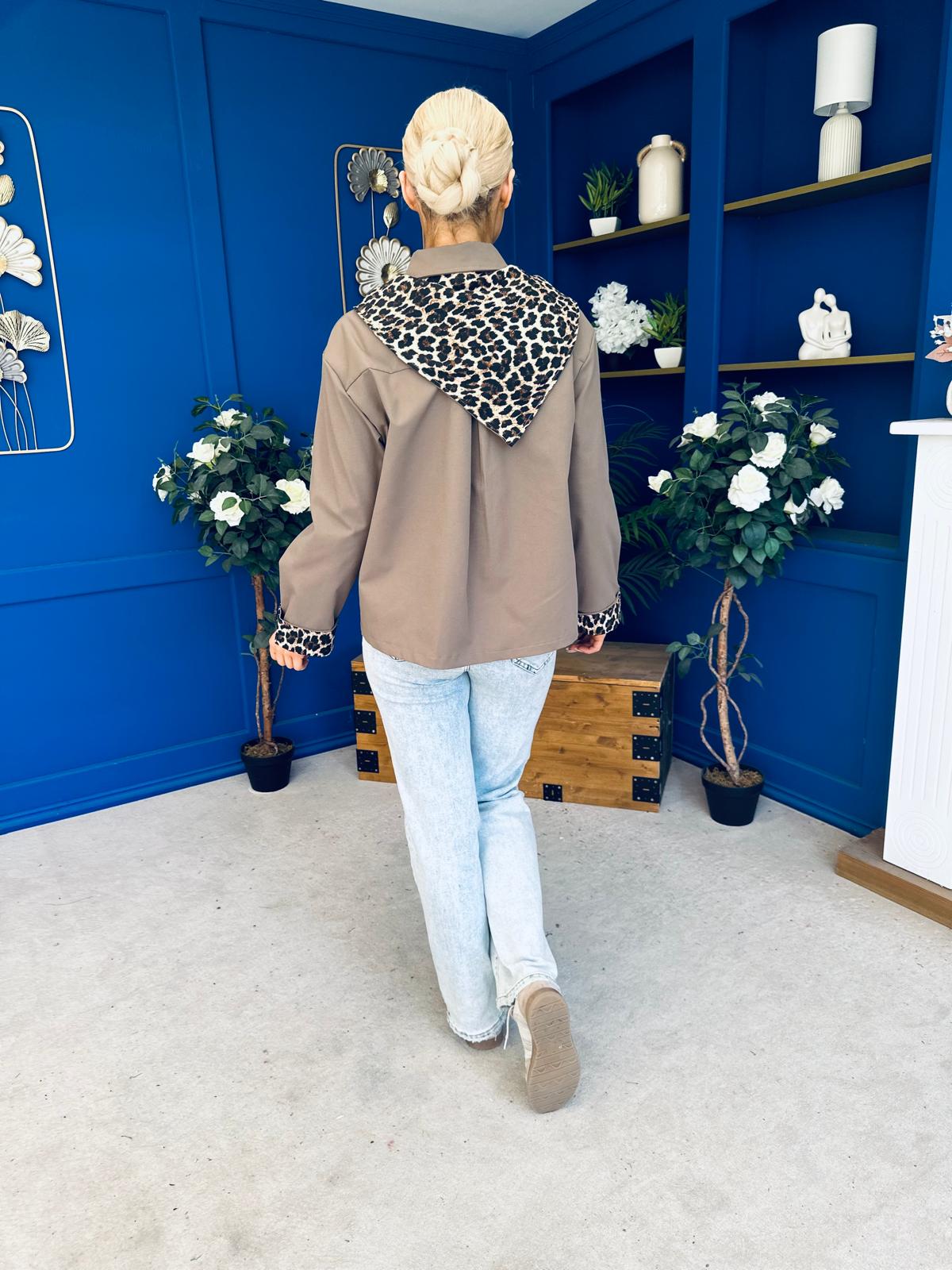 Steph Detailed Leopard Scarf Jacket Taupe