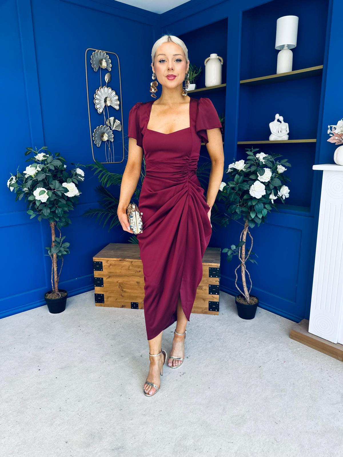 Laura Flutter Sleeve Gathered Midi Dress Wine