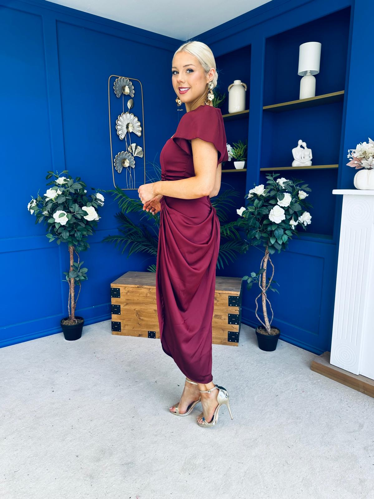 Laura Flutter Sleeve Gathered Midi Dress Wine