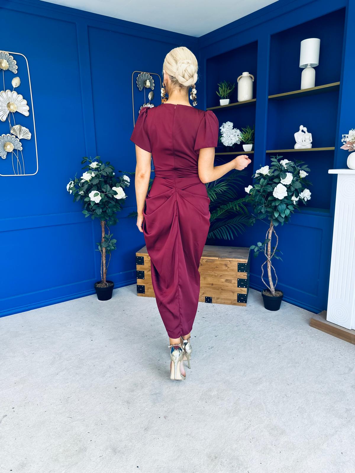 Laura Flutter Sleeve Gathered Midi Dress Wine