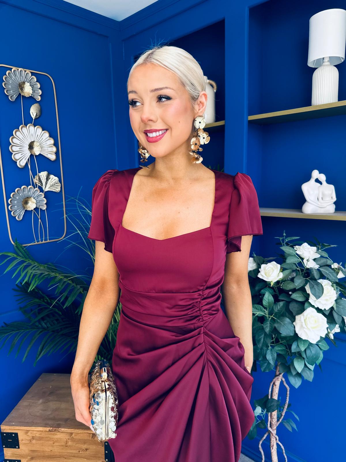 Laura Flutter Sleeve Gathered Midi Dress Wine