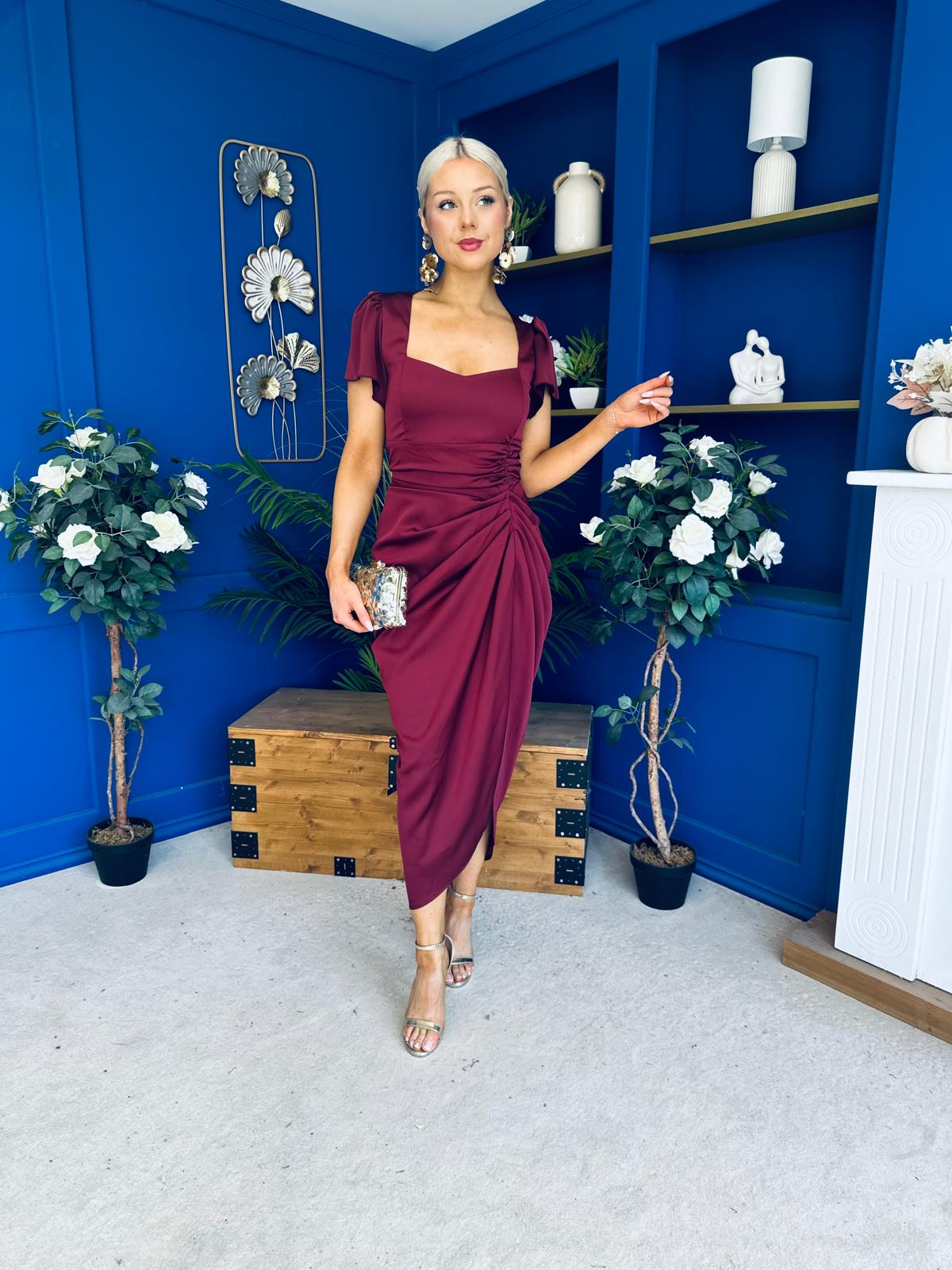 Laura Flutter Sleeve Gathered Midi Dress Wine