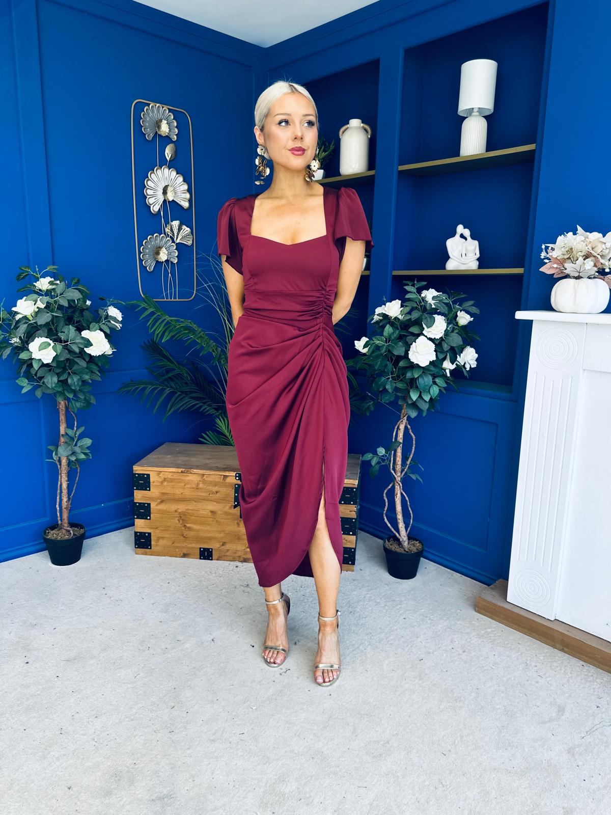 Laura Flutter Sleeve Gathered Midi Dress Wine