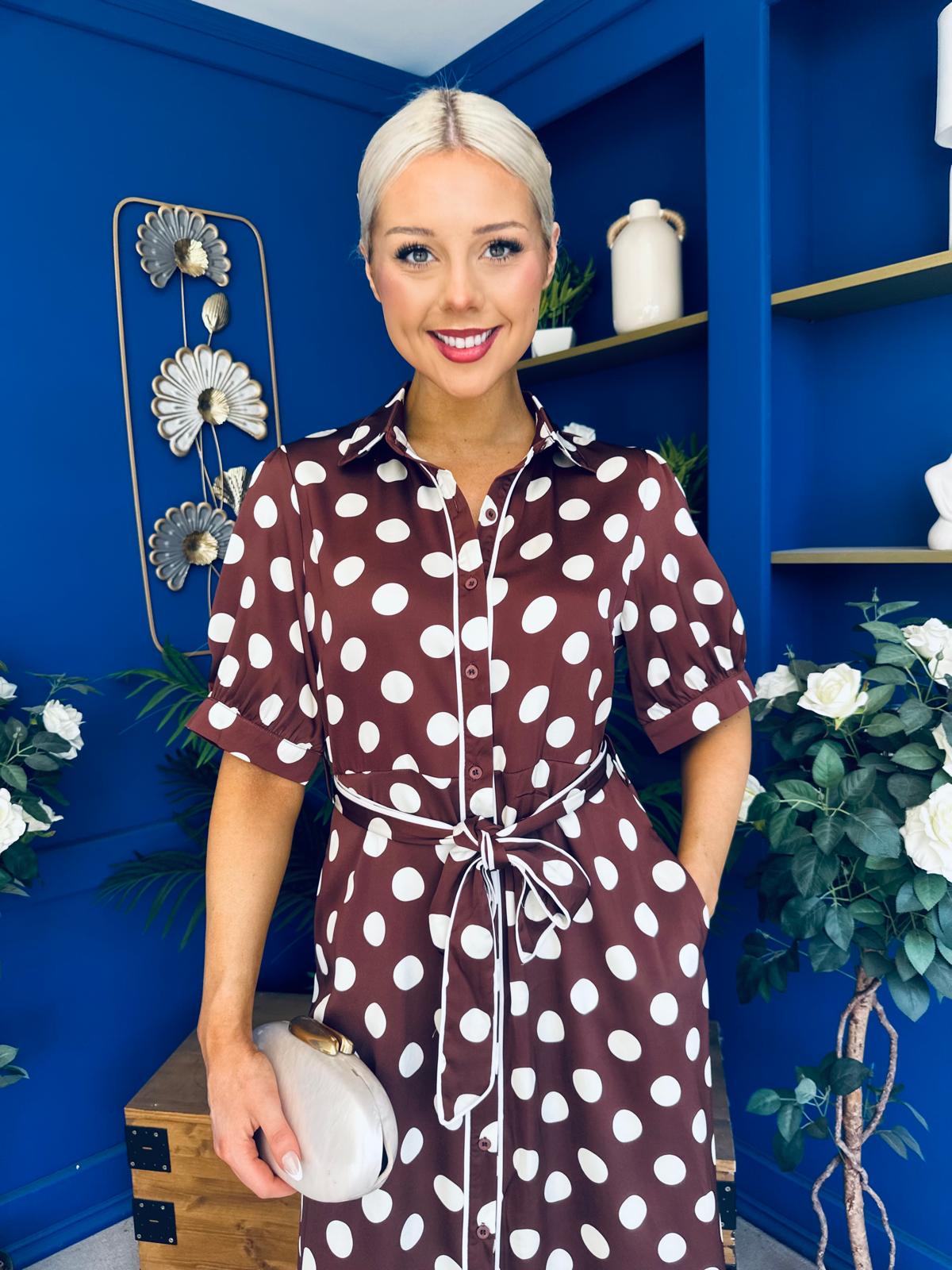 Elaine Polka Dot Midi Shirt Dress in Chocolate