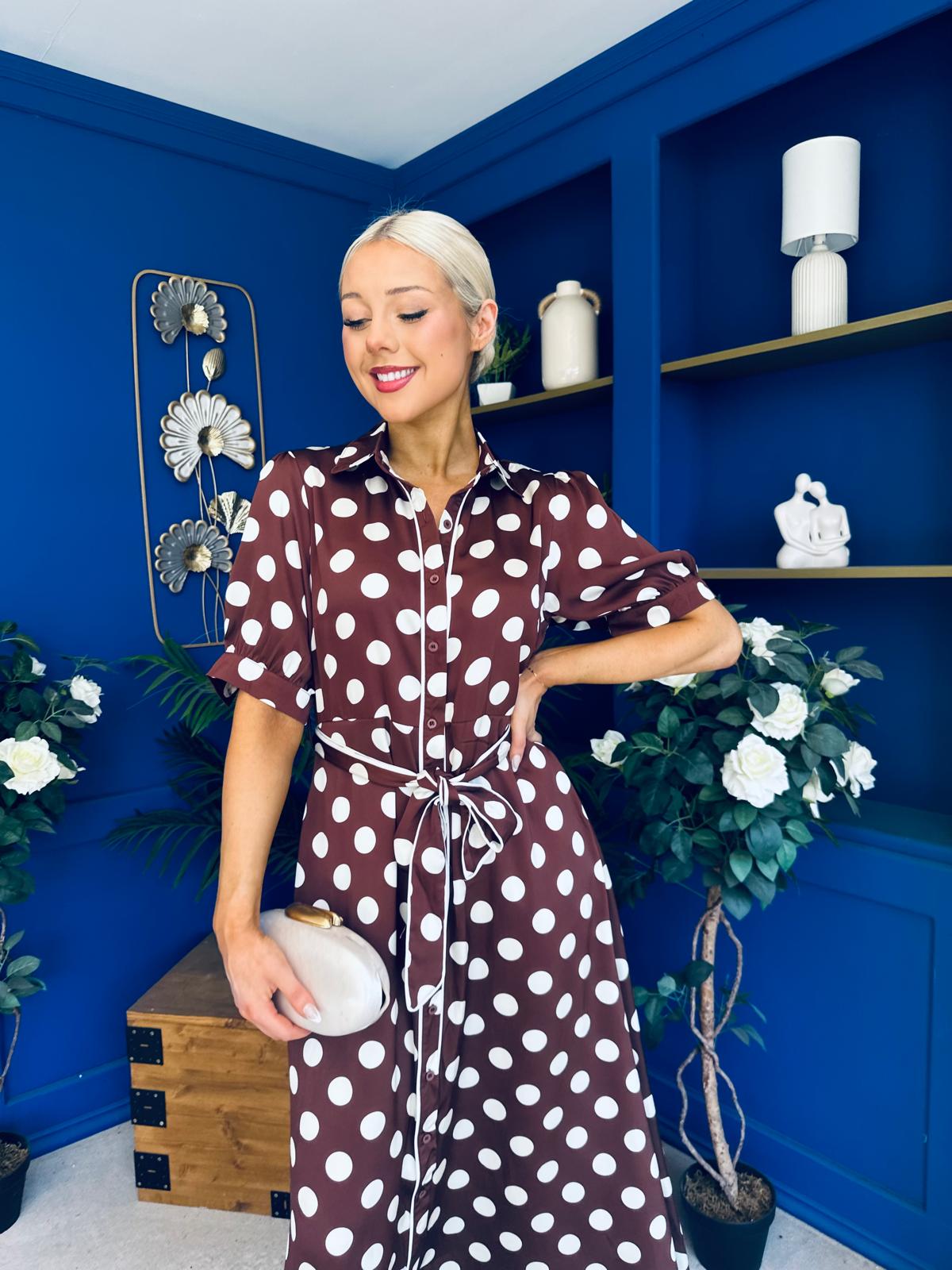 Elaine Polka Dot Midi Shirt Dress in Chocolate