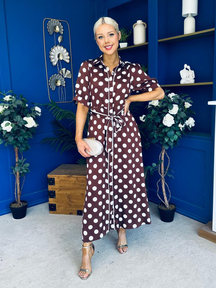 Elaine Polka Dot Midi Shirt Dress in Chocolate