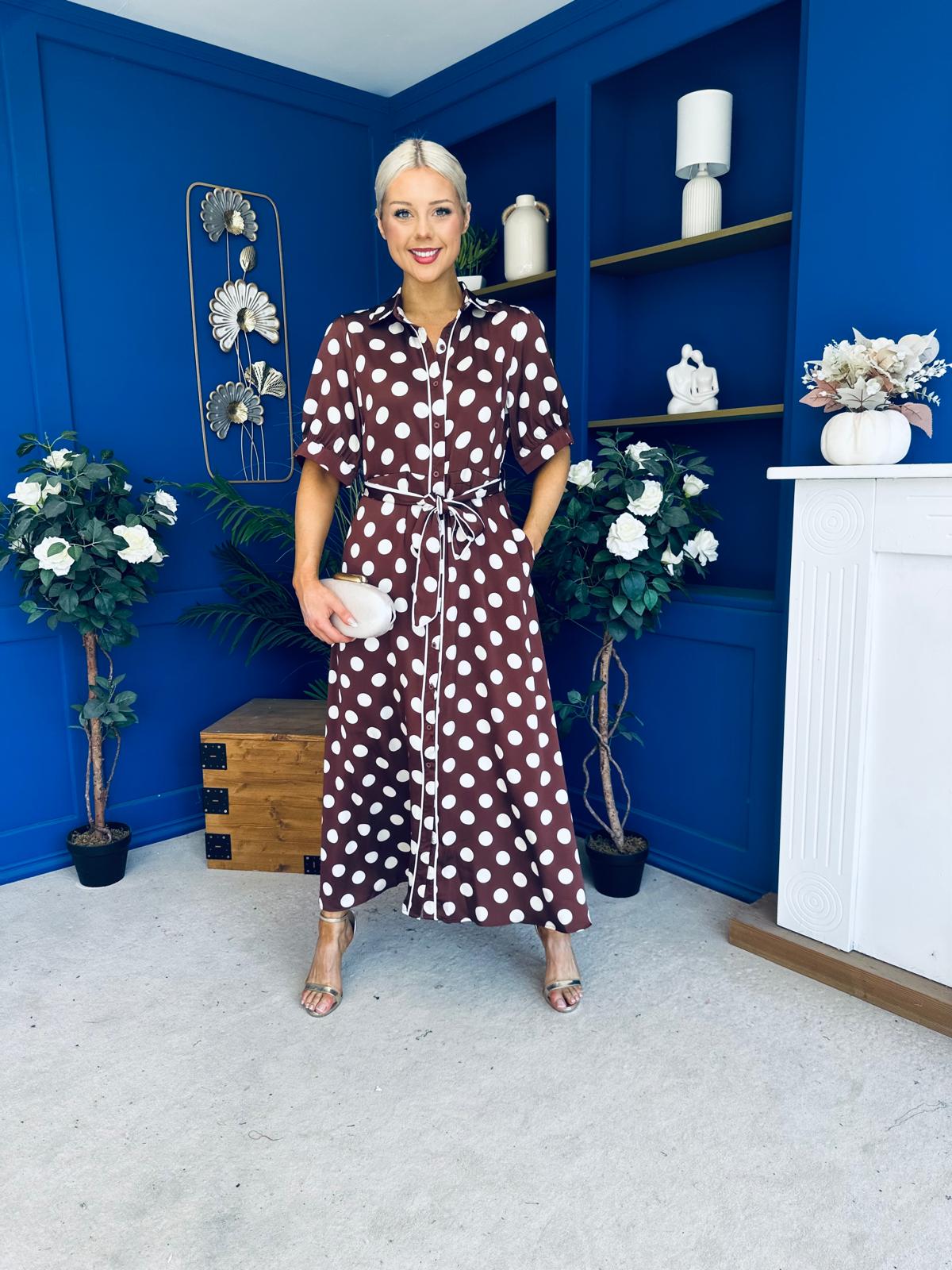 Elaine Polka Dot Midi Shirt Dress in Chocolate
