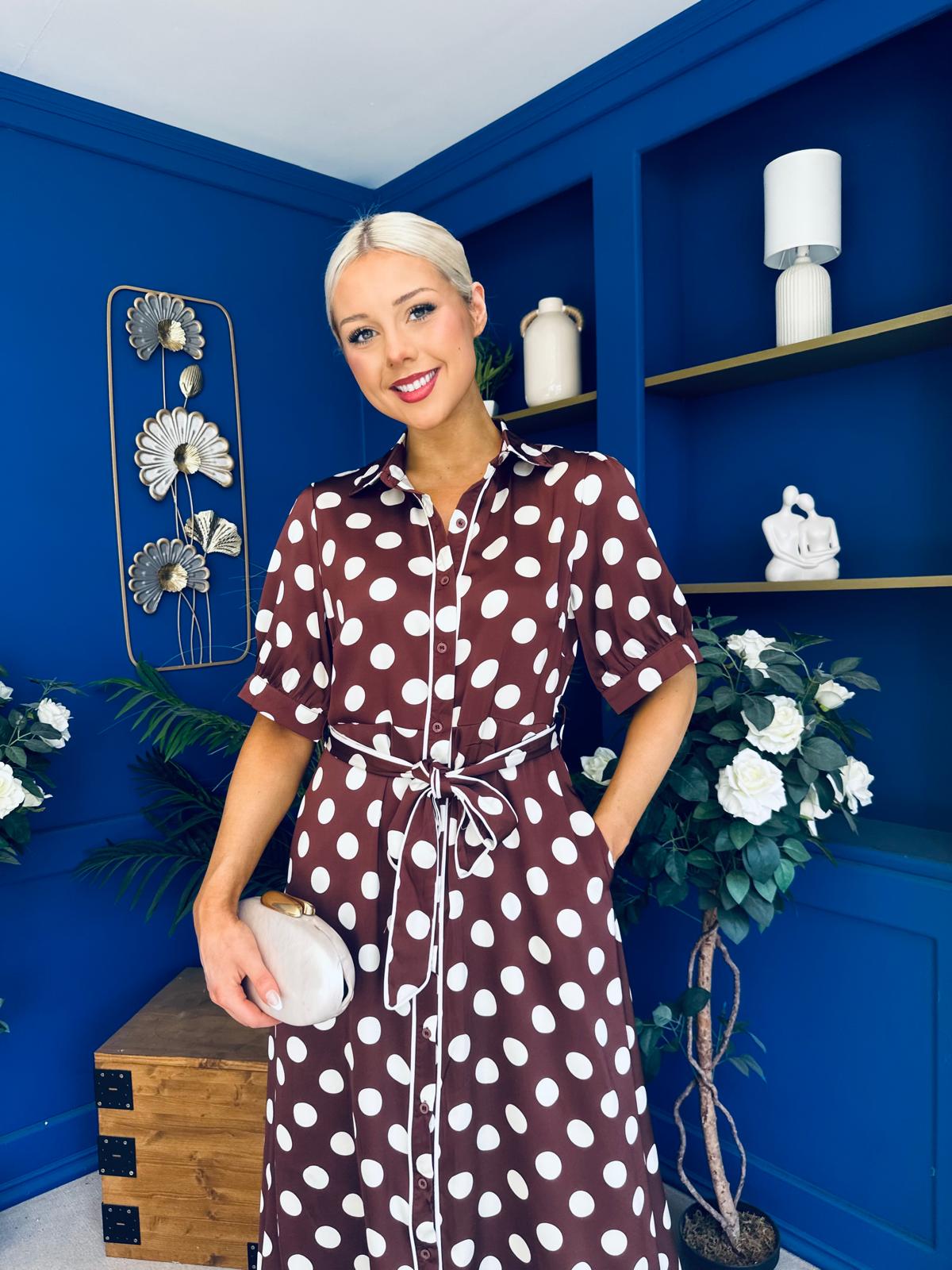 Elaine Polka Dot Midi Shirt Dress in Chocolate
