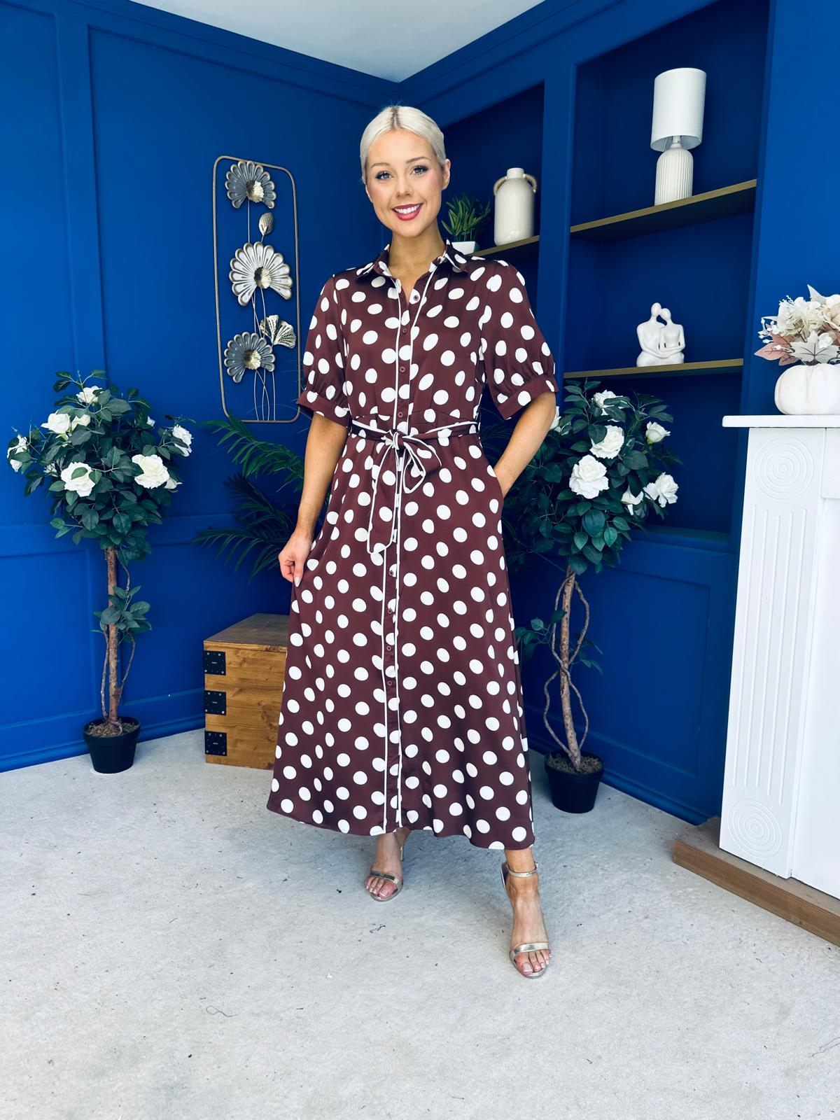 Elaine Polka Dot Midi Shirt Dress in Chocolate